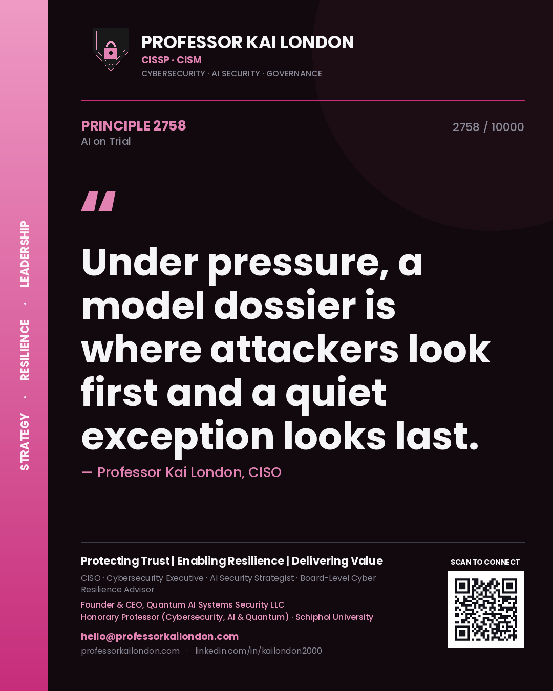 Professor Kai London principle 2758: Under pressure, a model dossier is where attackers look first and a quiet exception looks last.