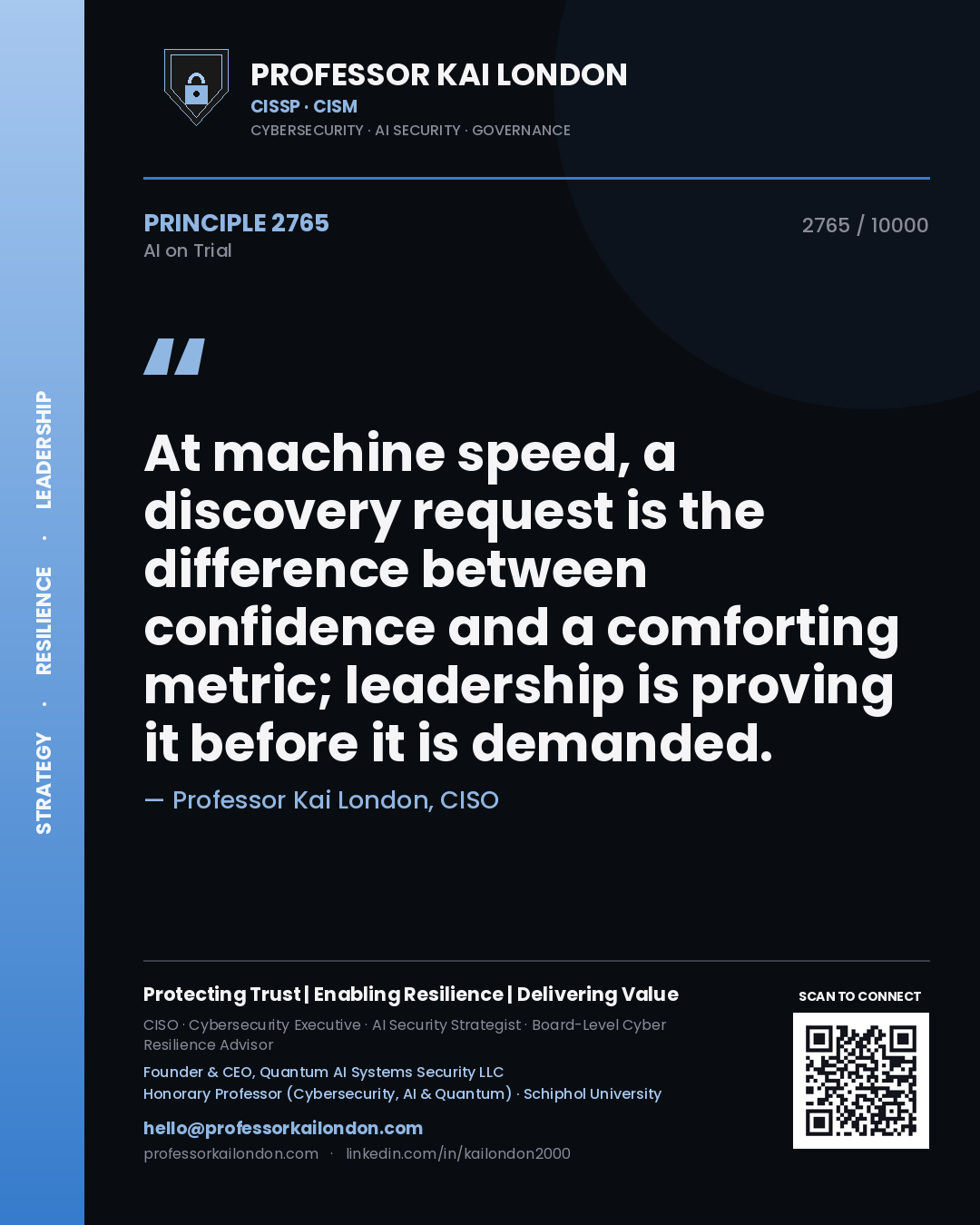 Quote card by Professor Kai London reading 'At machine speed, a discovery request is the difference between confidence and a comforting metric; leadership is proving it before it is demanded.'. From the book AI on Trial.