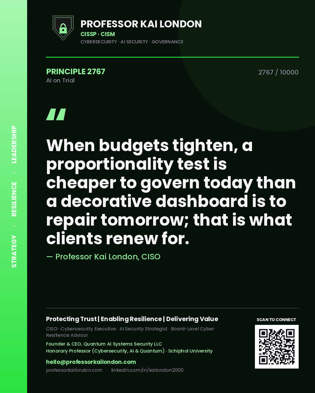 Quote card by Professor Kai London reading 'When budgets tighten, a proportionality test is cheaper to govern today than a decorative dashboard is to repair tomorrow; that is what clients renew for.'. From the book AI on Trial.