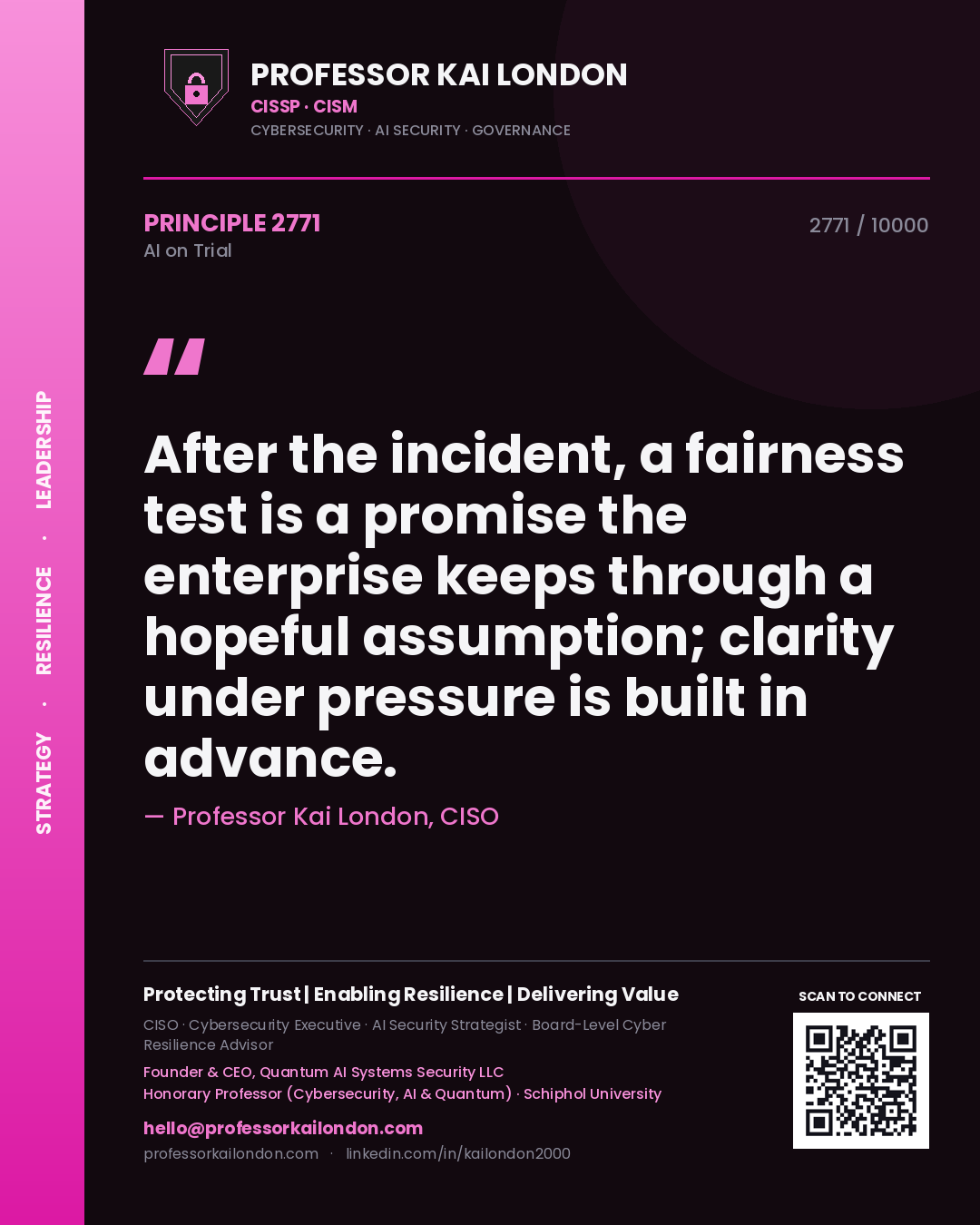 Professor Kai London principle 2771: After the incident, a fairness test is a promise the enterprise keeps through a hopeful assumption; clarity under pressure is built in advance.