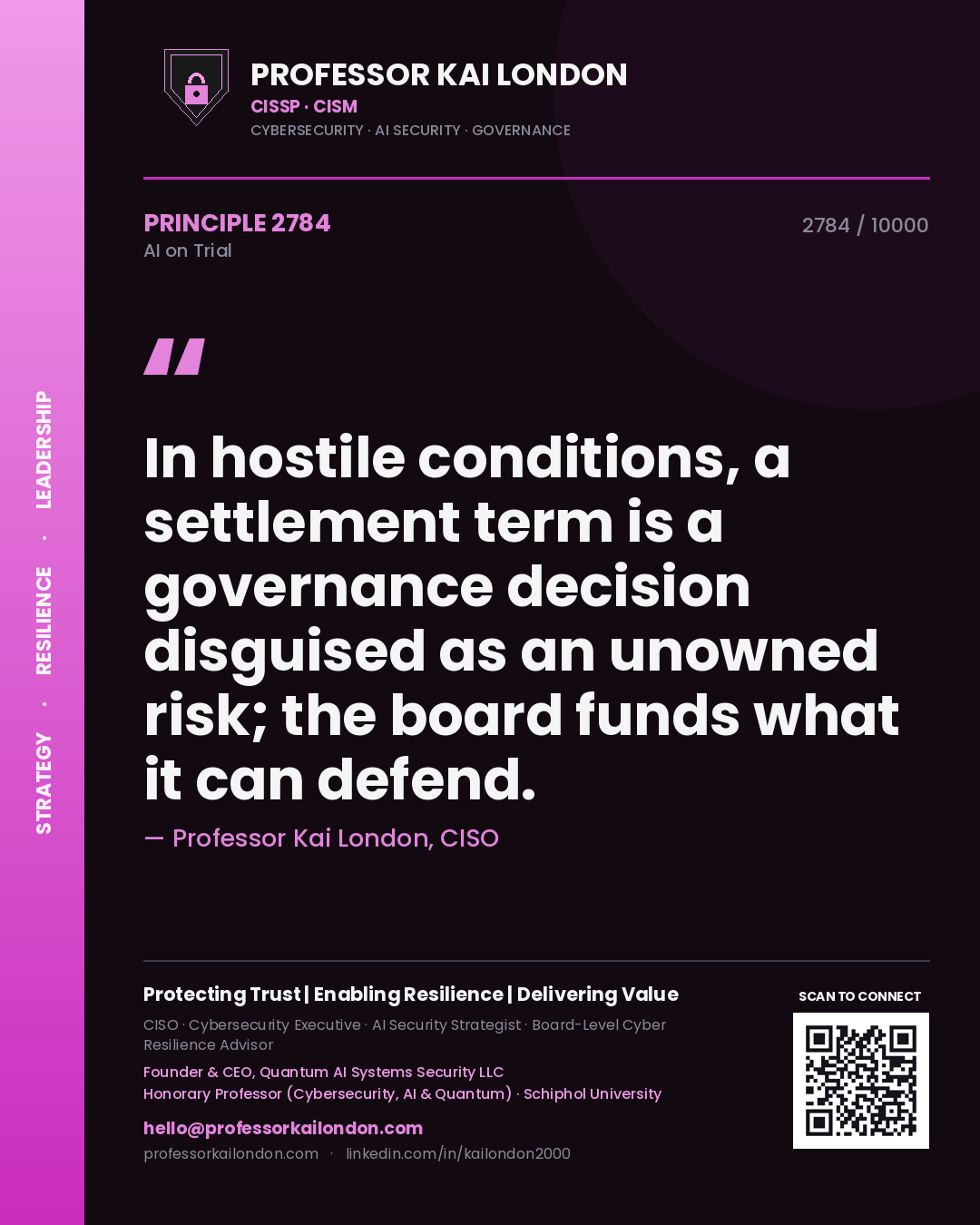 Quote card by Professor Kai London reading 'In hostile conditions, a settlement term is a governance decision disguised as an unowned risk; the board funds what it can defend.'. From the book AI on Trial.