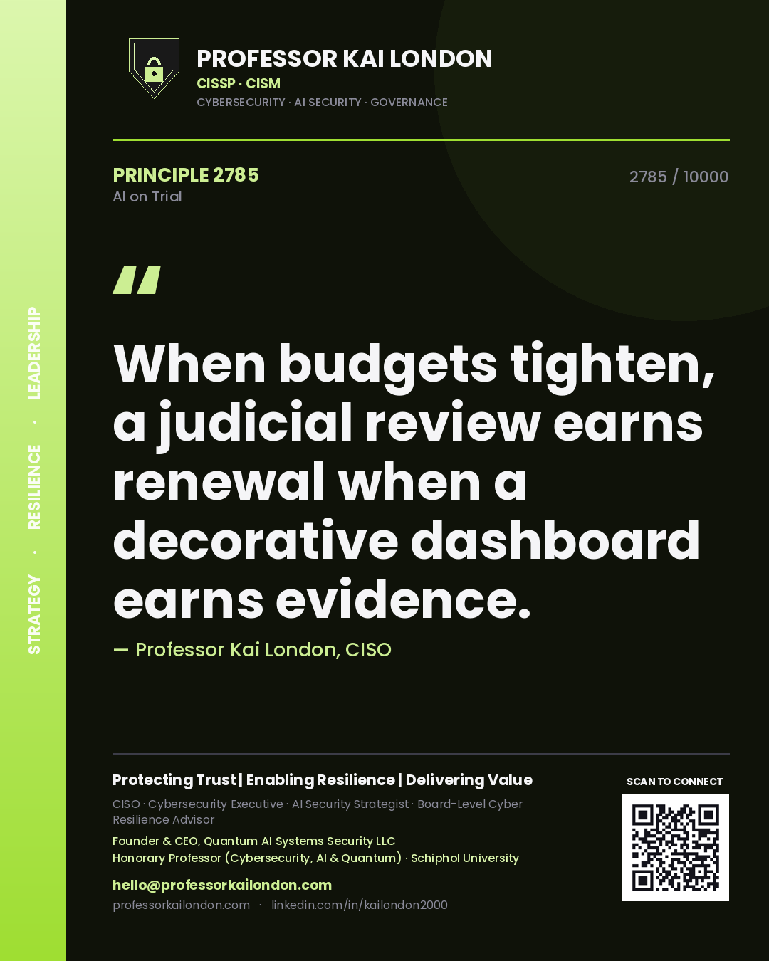 Professor Kai London principle 2785: When budgets tighten, a judicial review earns renewal when a decorative dashboard earns evidence.