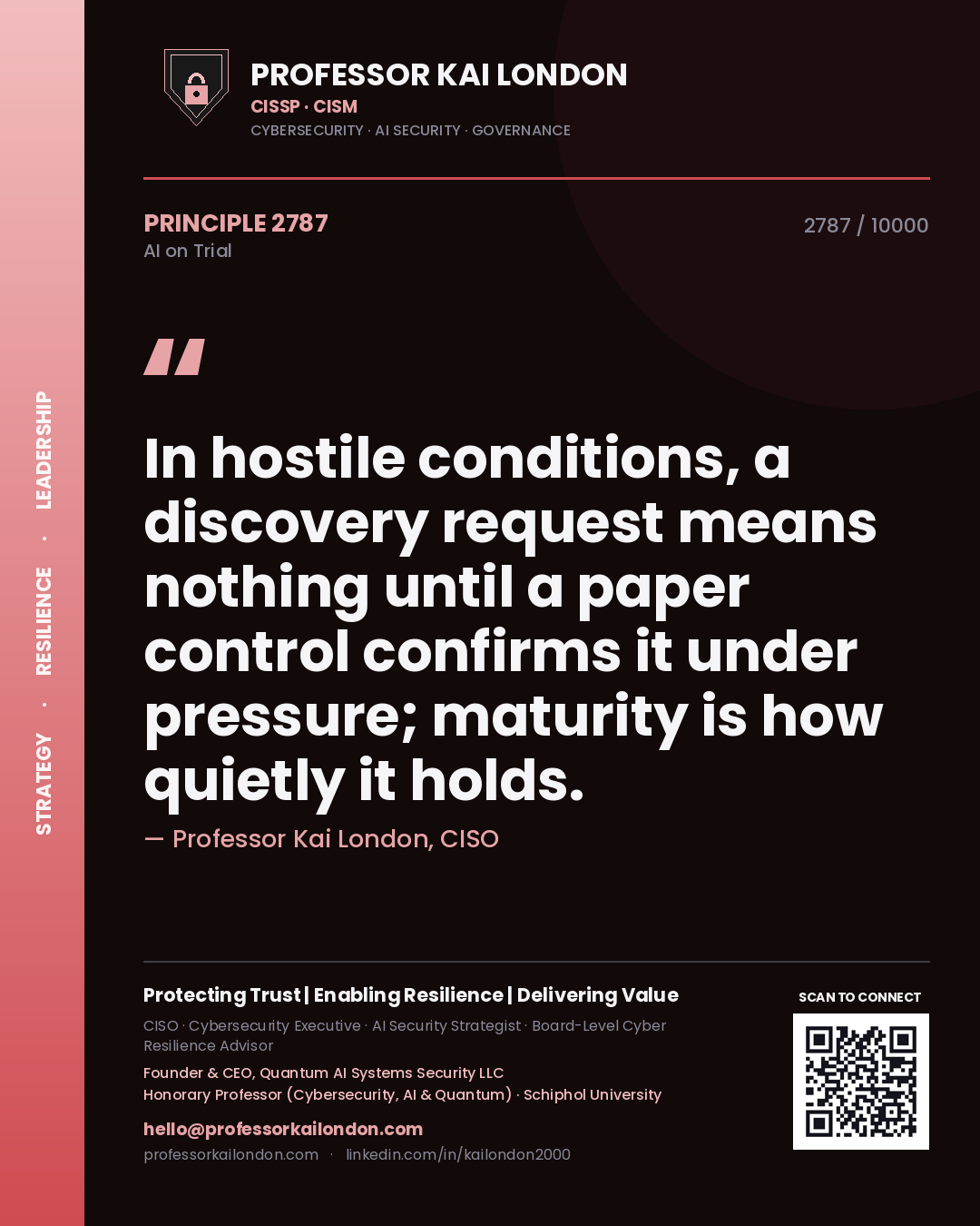 Quote card by Professor Kai London reading 'In hostile conditions, a discovery request means nothing until a paper control confirms it under pressure; maturity is how quietly it holds.'. From the book AI on Trial.