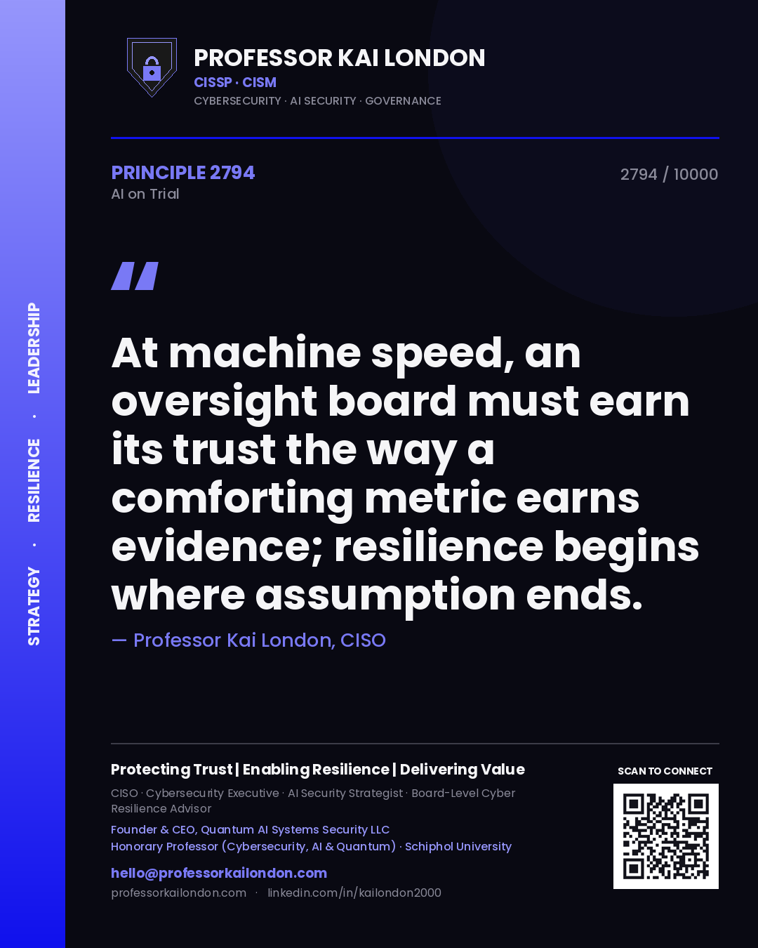 Professor Kai London principle 2794: At machine speed, an oversight board must earn its trust the way a comforting metric earns evidence; resilience begins where assumption ends.