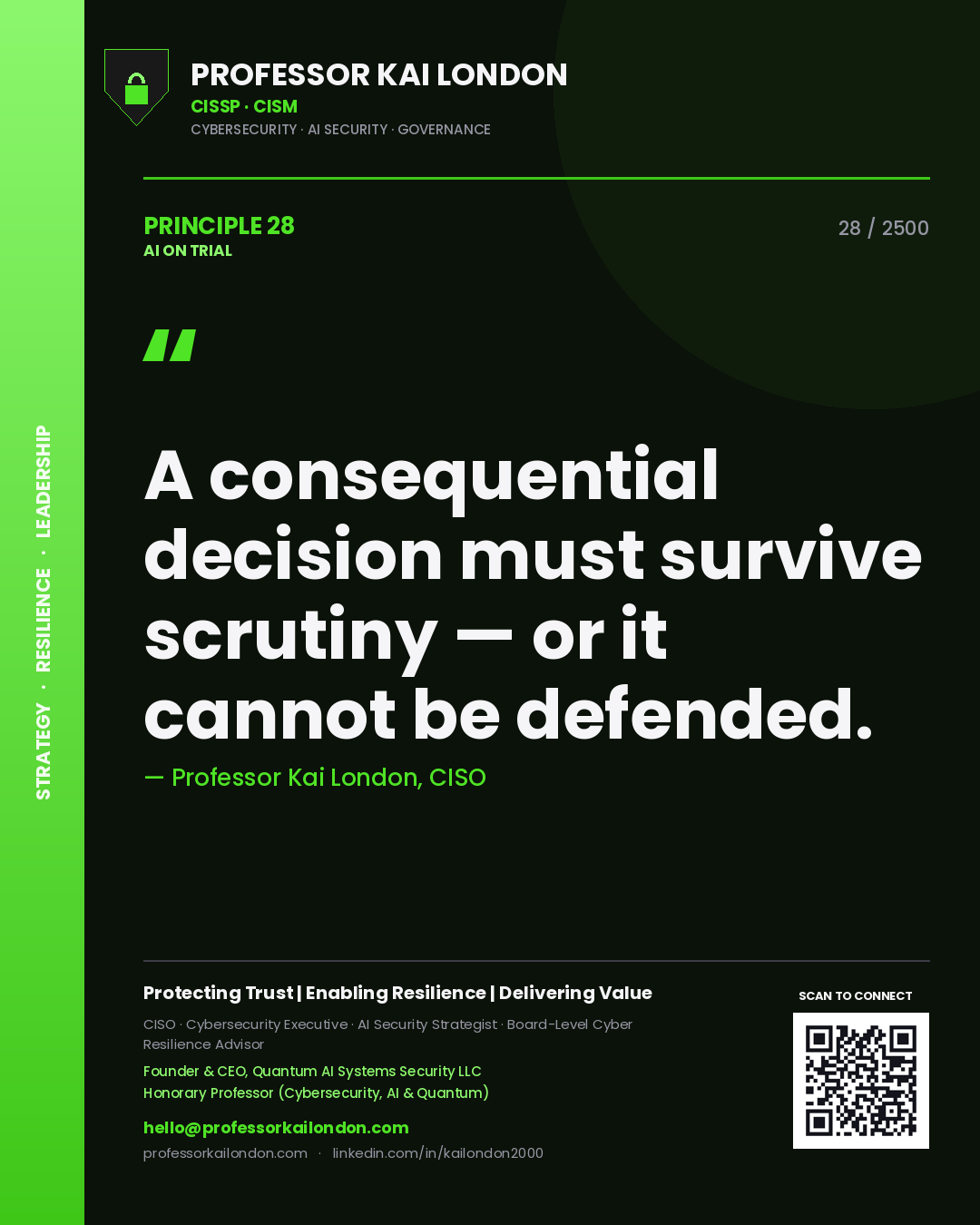 Professor Kai London principle 28: A consequential decision must survive scrutiny — or it cannot be defended.