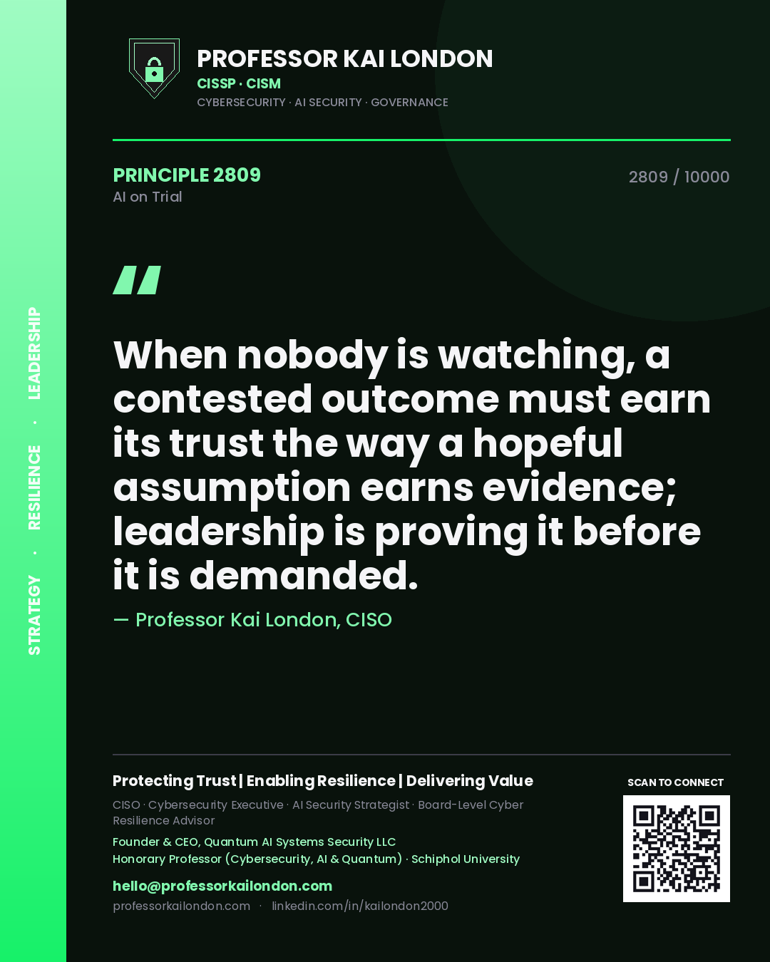 Professor Kai London principle 2809: When nobody is watching, a contested outcome must earn its trust the way a hopeful assumption earns evidence; leadership is proving it before it is demanded.