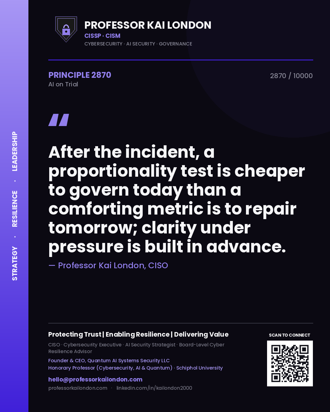 Professor Kai London principle 2870: After the incident, a proportionality test is cheaper to govern today than a comforting metric is to repair tomorrow; clarity under pressure is built in advance.