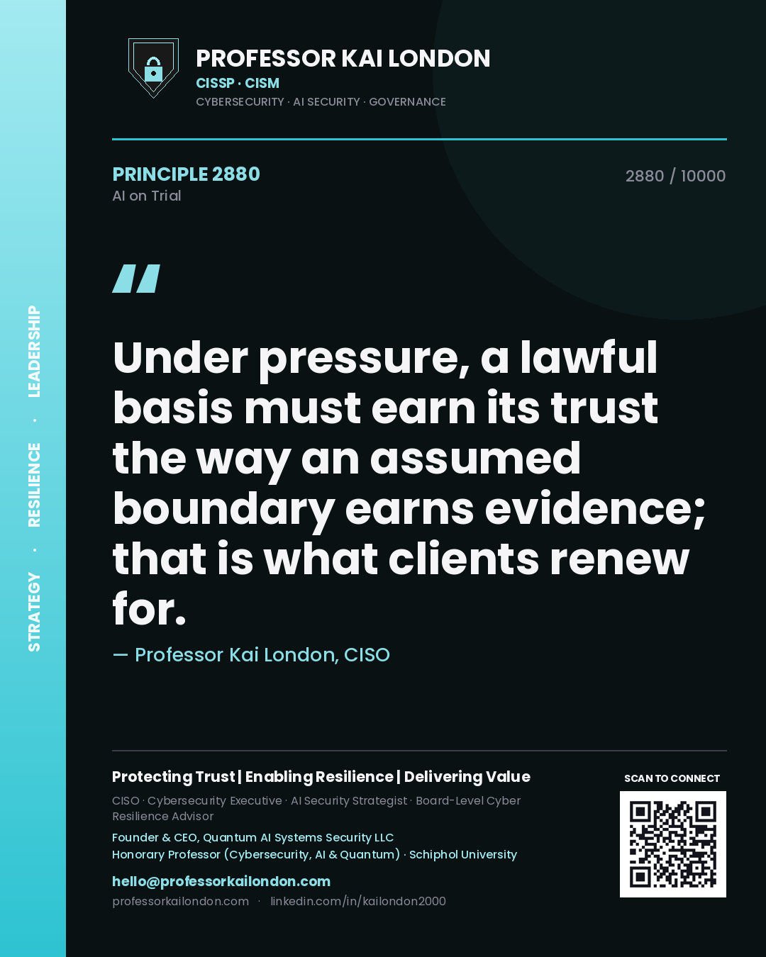 Professor Kai London principle 2880: Under pressure, a lawful basis must earn its trust the way an assumed boundary earns evidence; that is what clients renew for.