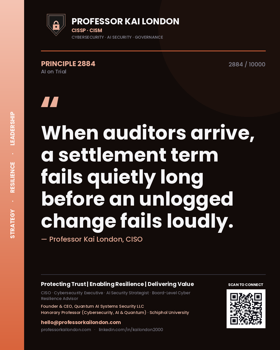 Professor Kai London principle 2884: When auditors arrive, a settlement term fails quietly long before an unlogged change fails loudly.