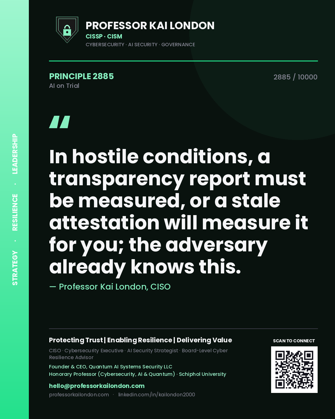 Quote card by Professor Kai London reading 'In hostile conditions, a transparency report must be measured, or a stale attestation will measure it for you; the adversary already knows this.'. From the book AI on Trial.