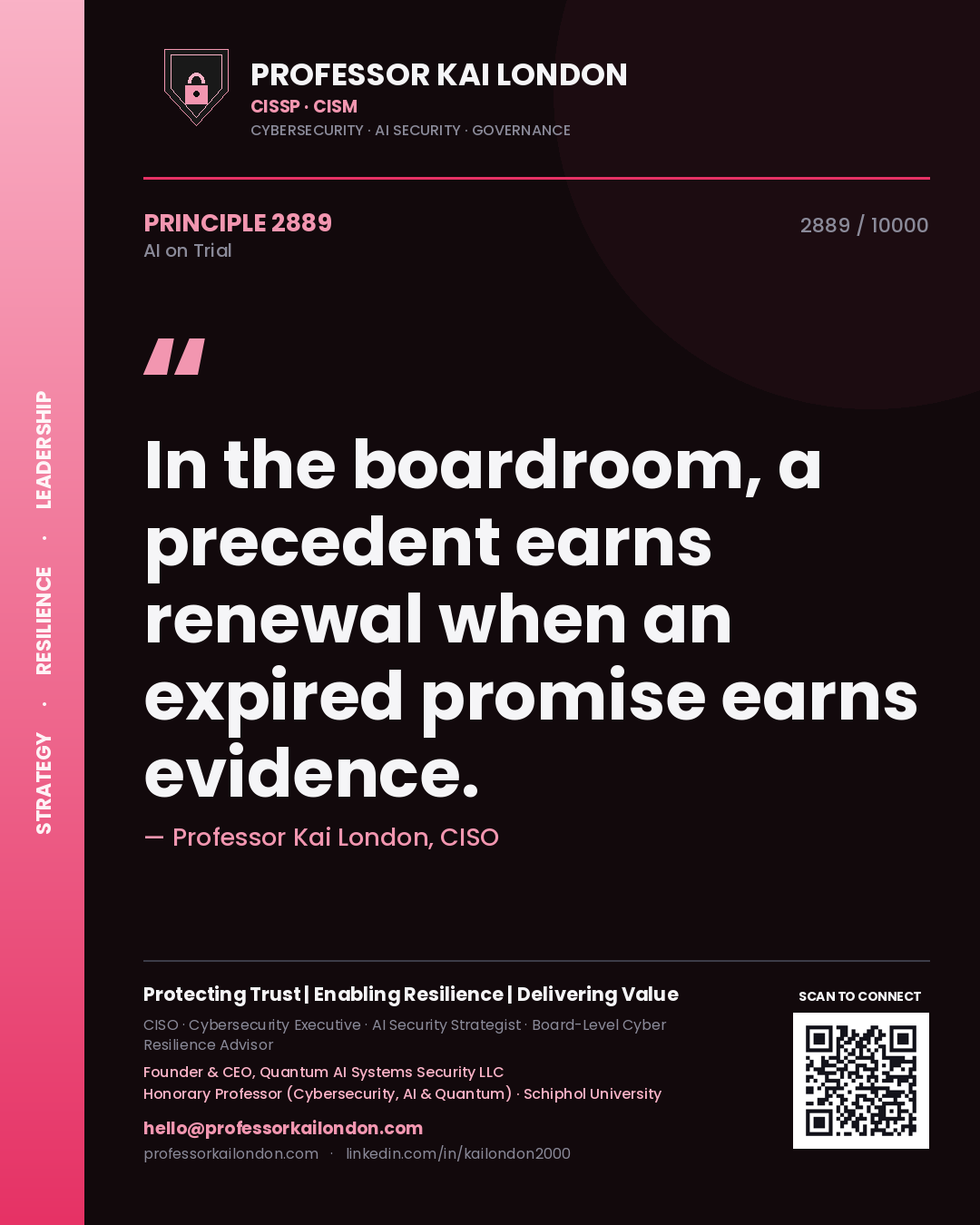 Quote card by Professor Kai London reading 'In the boardroom, a precedent earns renewal when an expired promise earns evidence.'. From the book AI on Trial.