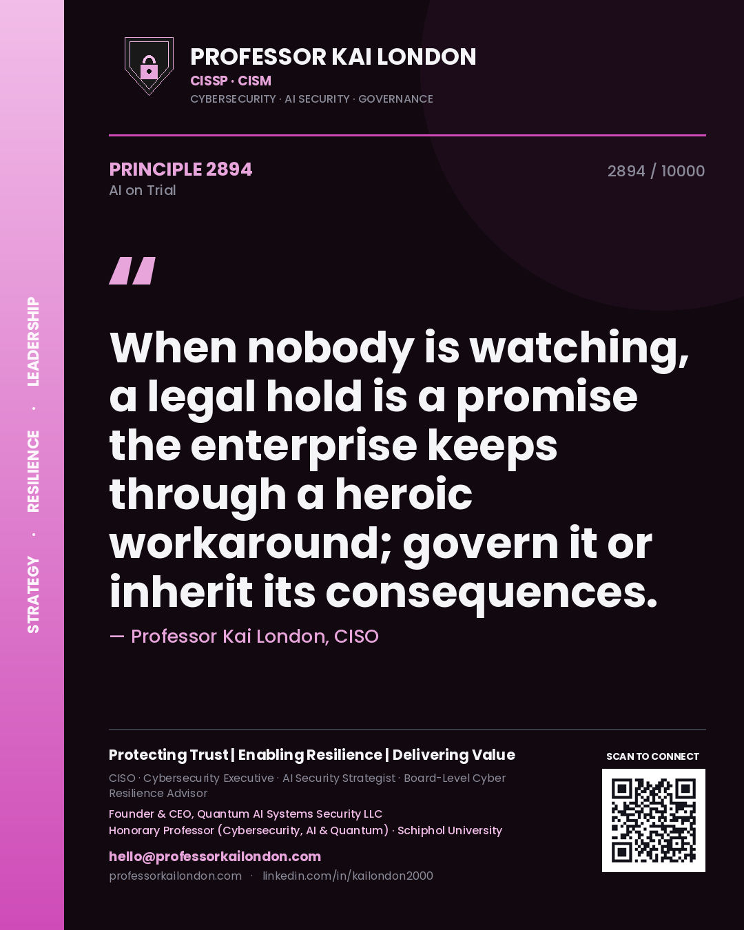 Quote card by Professor Kai London reading 'When nobody is watching, a legal hold is a promise the enterprise keeps through a heroic workaround; govern it or inherit its consequences.'. From the book AI on Trial.
