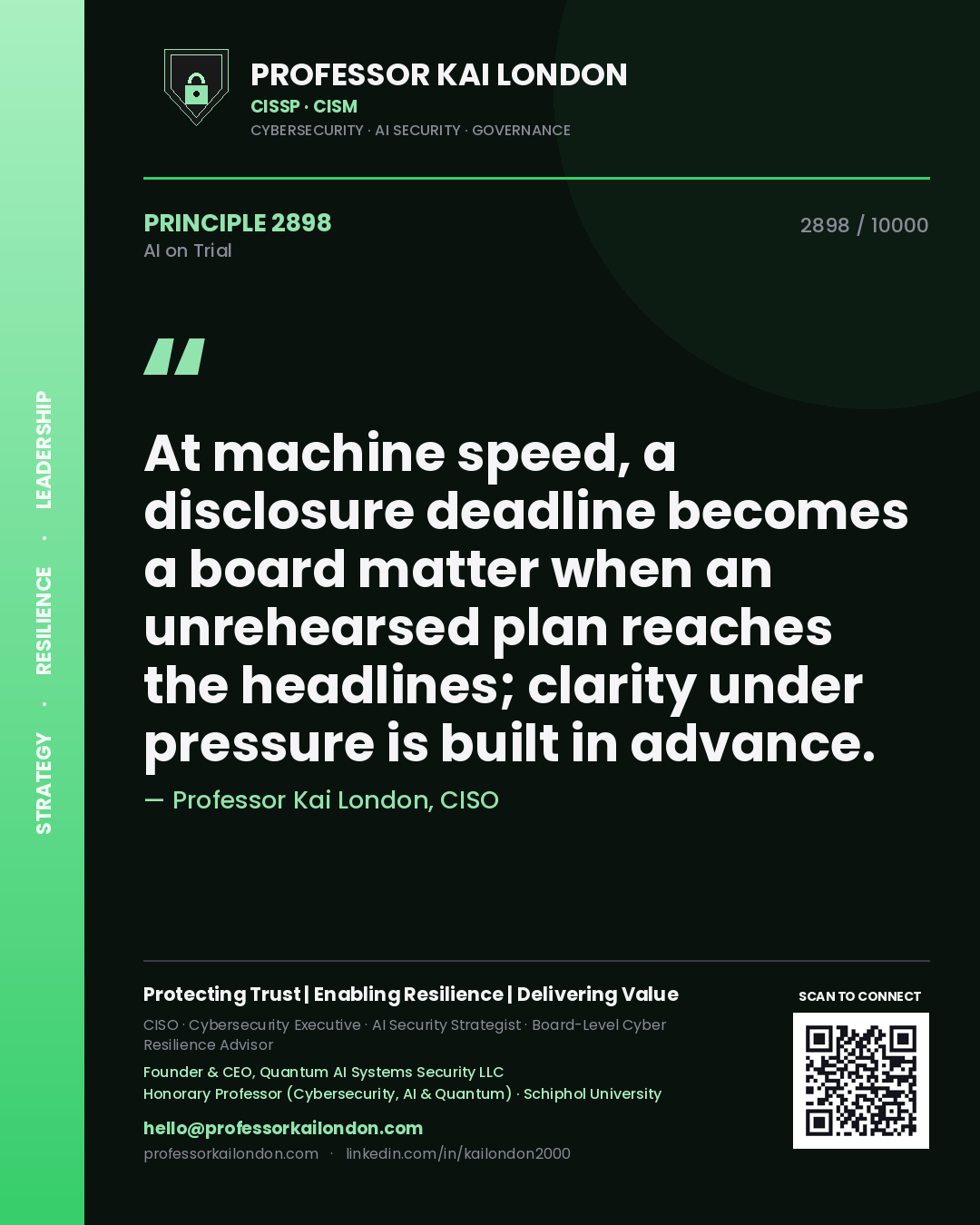 Quote card by Professor Kai London reading 'At machine speed, a disclosure deadline becomes a board matter when an unrehearsed plan reaches the headlines; clarity under pressure is built in advance.'. From the book AI on Trial.