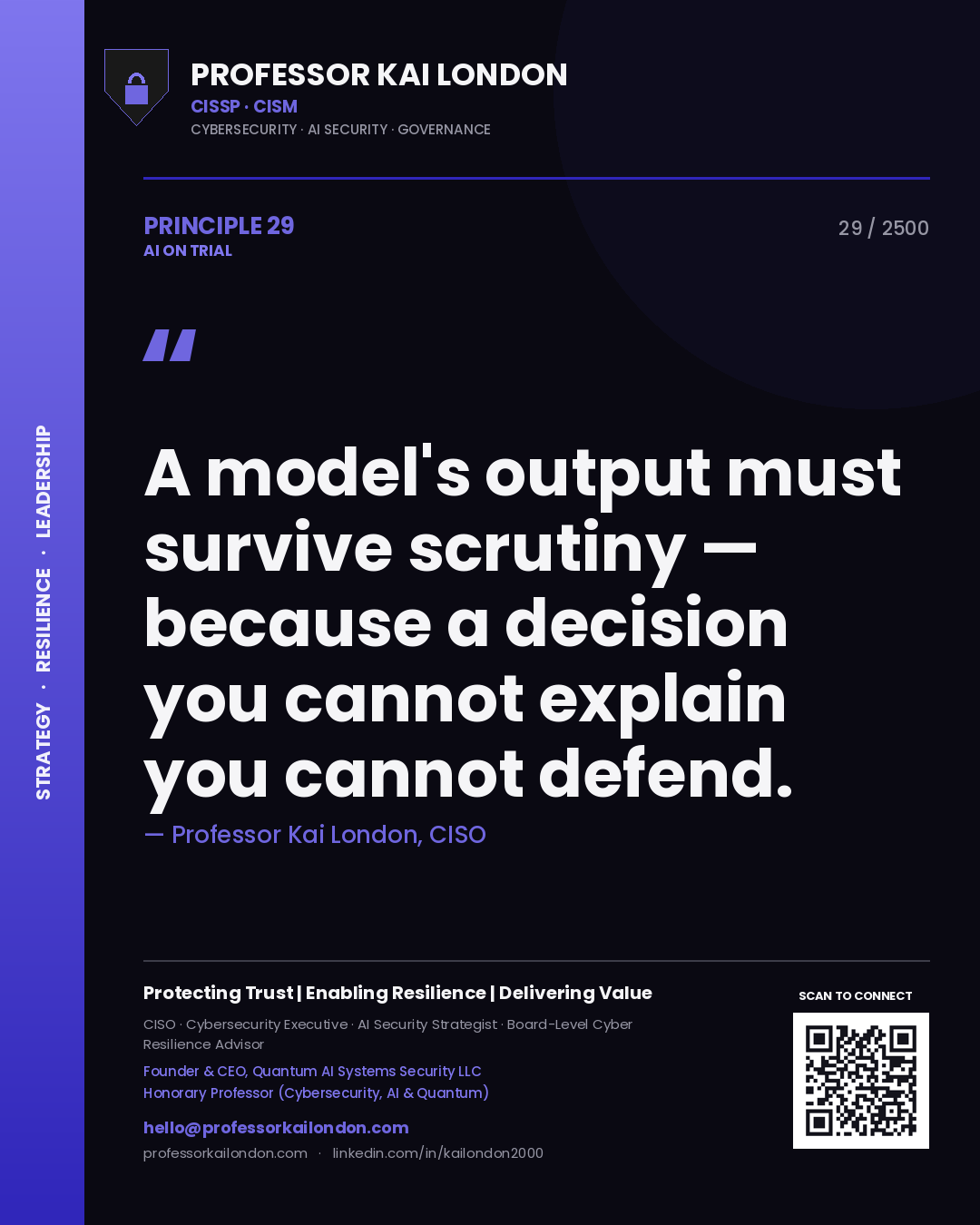 Professor Kai London principle 29: A model's output must survive scrutiny — because a decision you cannot explain you cannot defend.