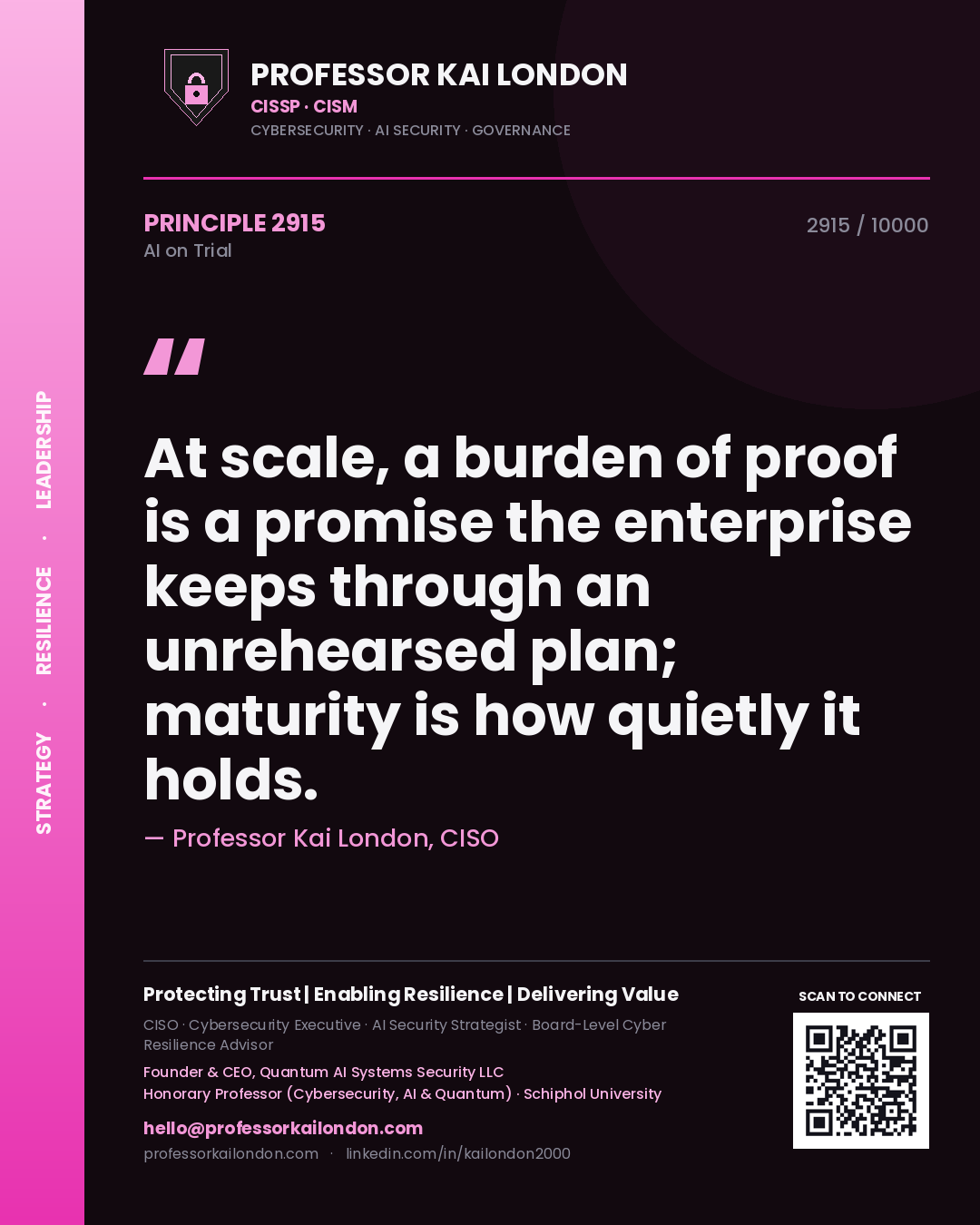 Quote card by Professor Kai London reading 'At scale, a burden of proof is a promise the enterprise keeps through an unrehearsed plan; maturity is how quietly it holds.'. From the book AI on Trial.