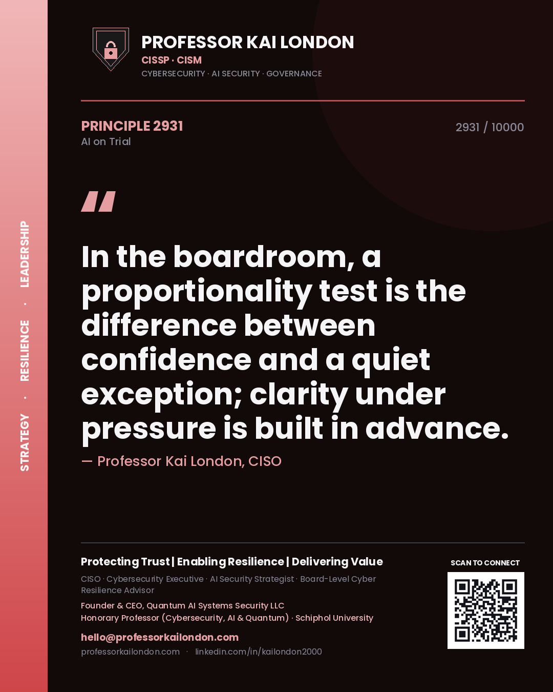 Professor Kai London principle 2931: In the boardroom, a proportionality test is the difference between confidence and a quiet exception; clarity under pressure is built in advance.