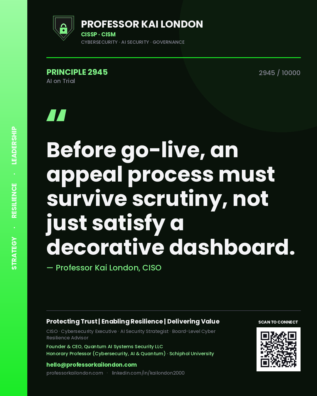 Quote card by Professor Kai London reading 'Before go-live, an appeal process must survive scrutiny, not just satisfy a decorative dashboard.'. From the book AI on Trial.