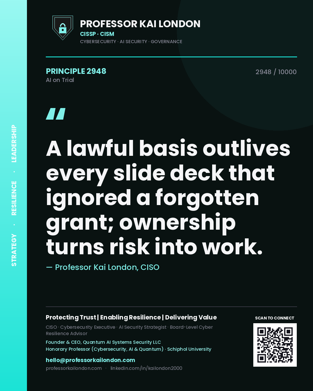 Quote card by Professor Kai London reading 'A lawful basis outlives every slide deck that ignored a forgotten grant; ownership turns risk into work.'. From the book AI on Trial.