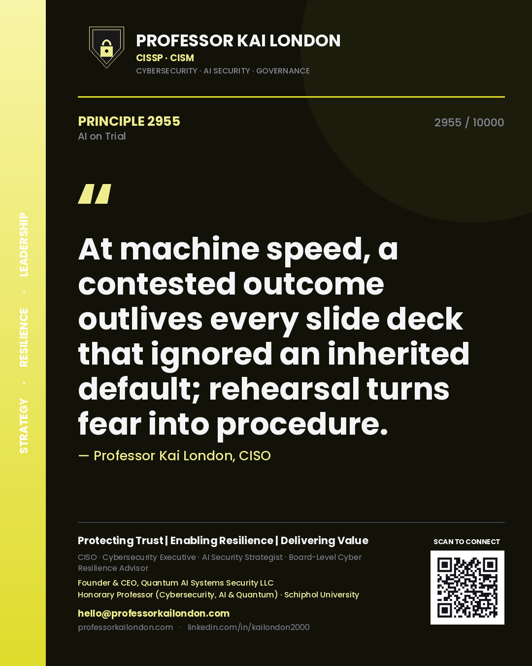 Quote card by Professor Kai London reading 'At machine speed, a contested outcome outlives every slide deck that ignored an inherited default; rehearsal turns fear into procedure.'. From the book AI on Trial.