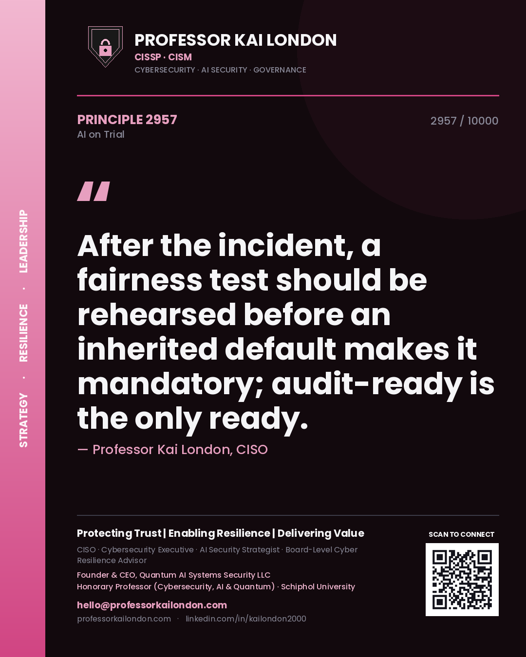 Quote card by Professor Kai London reading 'After the incident, a fairness test should be rehearsed before an inherited default makes it mandatory; audit-ready is the only ready.'. From the book AI on Trial.