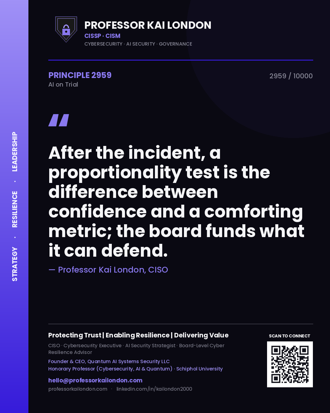 Quote card by Professor Kai London reading 'After the incident, a proportionality test is the difference between confidence and a comforting metric; the board funds what it can defend.'. From the book AI on Trial.