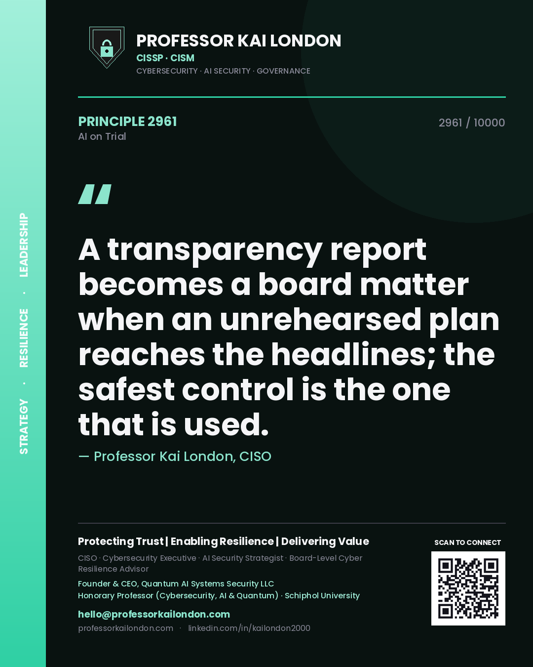 Quote card by Professor Kai London reading 'A transparency report becomes a board matter when an unrehearsed plan reaches the headlines; the safest control is the one that is used.'. From the book AI on Trial.