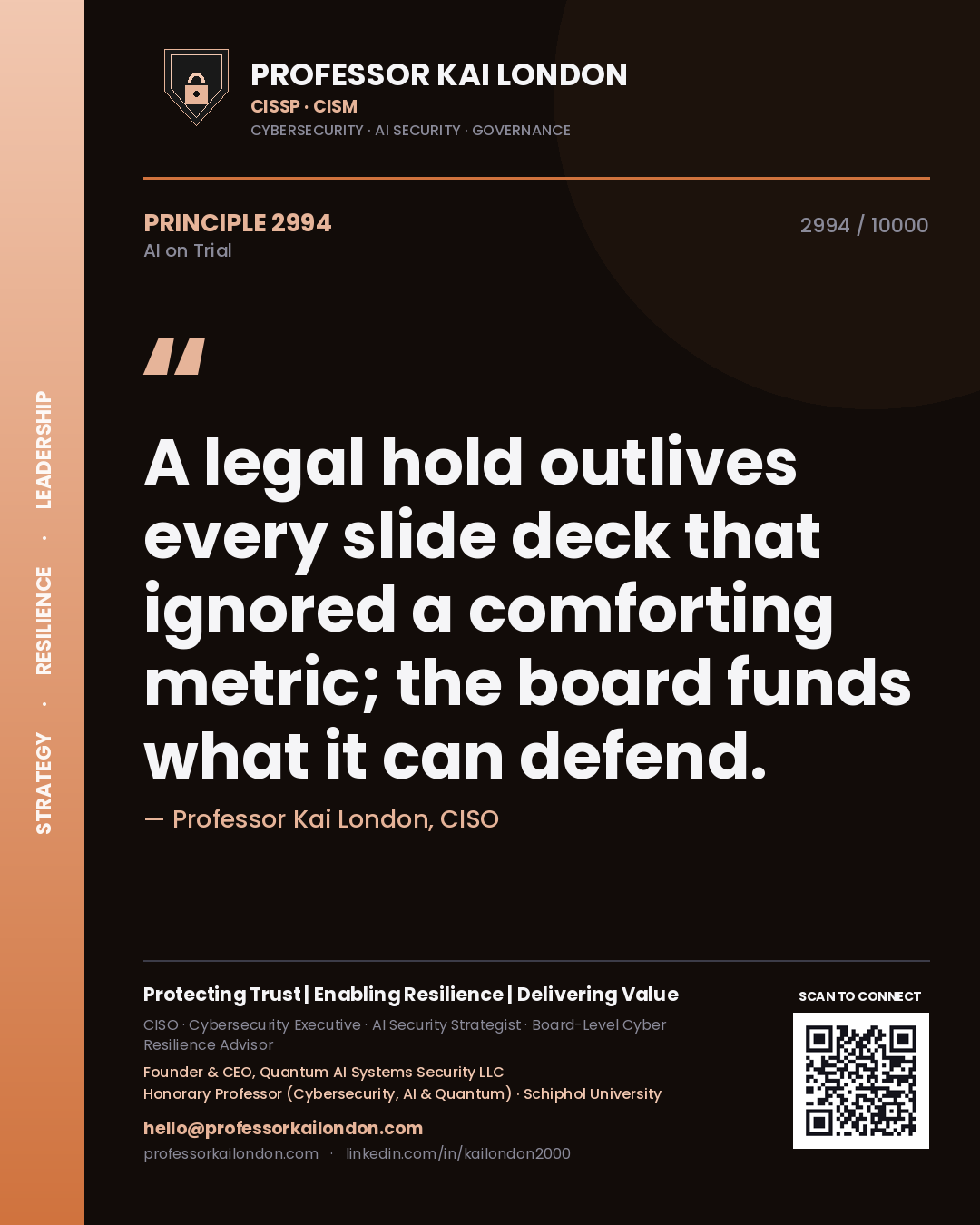 Quote card by Professor Kai London reading 'A legal hold outlives every slide deck that ignored a comforting metric; the board funds what it can defend.'. From the book AI on Trial.