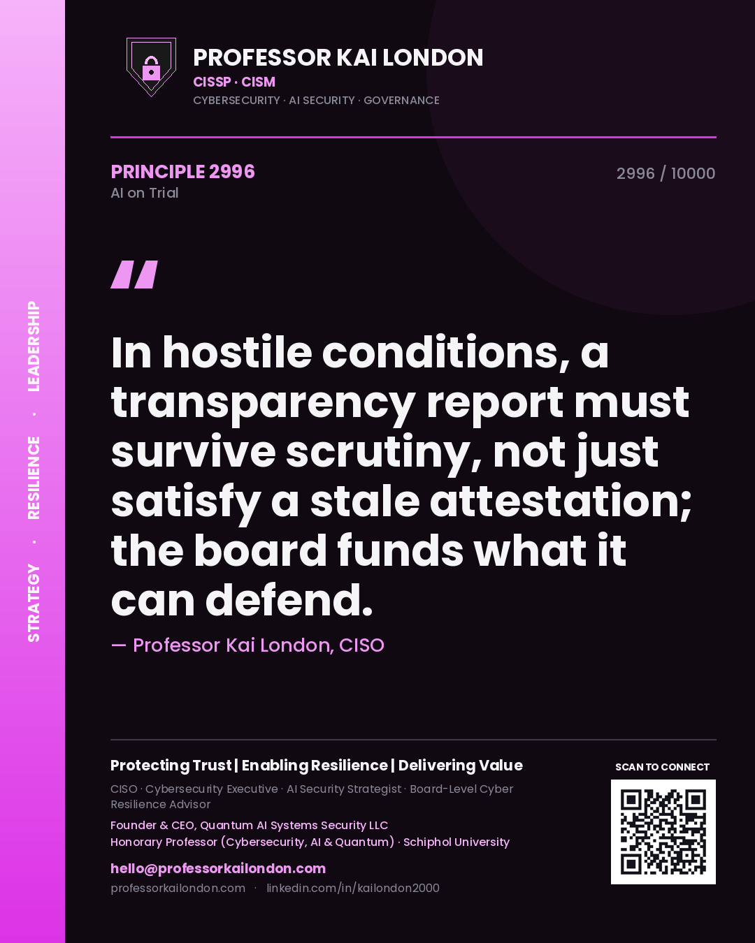 Quote card by Professor Kai London reading 'In hostile conditions, a transparency report must survive scrutiny, not just satisfy a stale attestation; the board funds what it can defend.'. From the book AI on Trial.