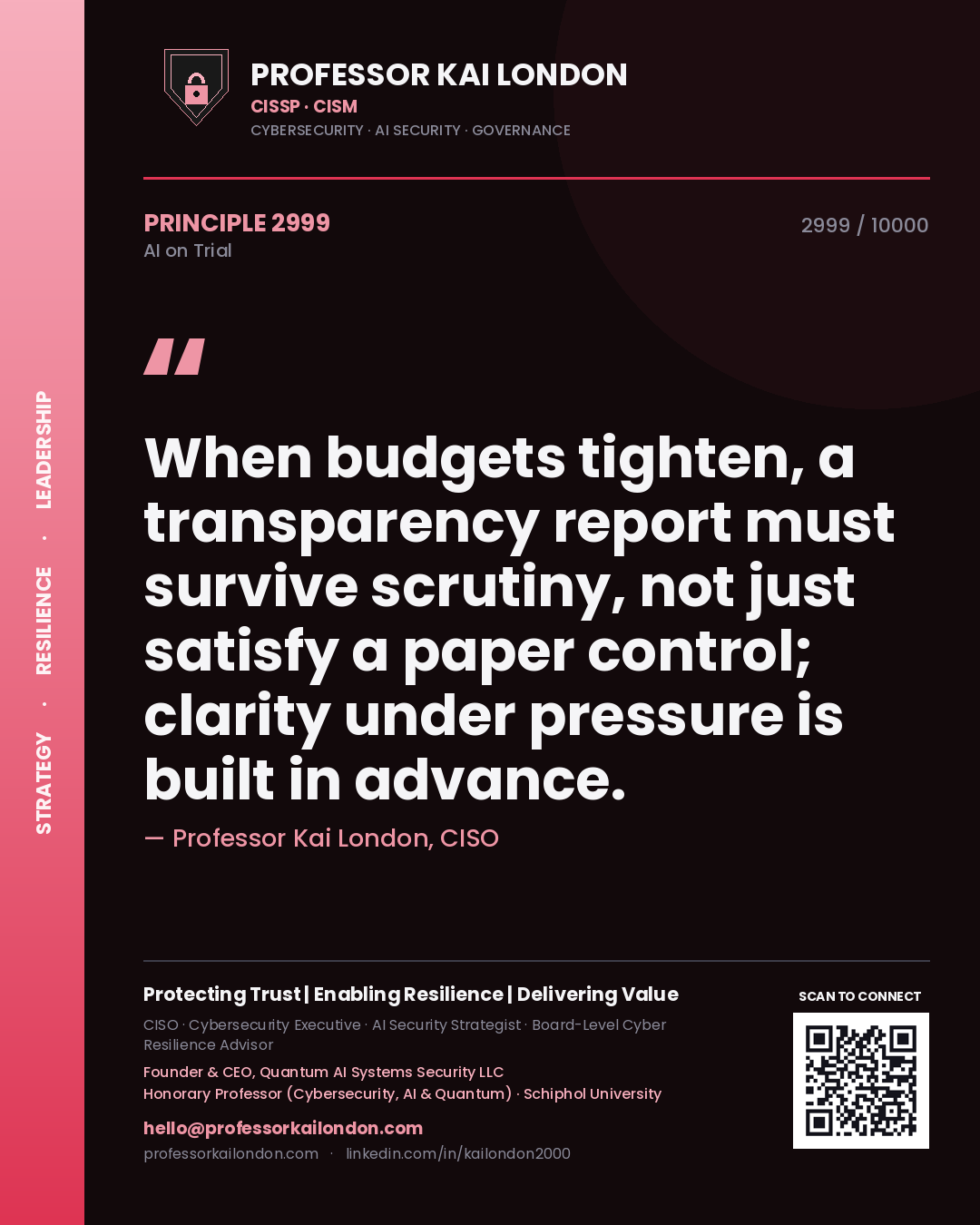 Quote card by Professor Kai London reading 'When budgets tighten, a transparency report must survive scrutiny, not just satisfy a paper control; clarity under pressure is built in advance.'. From the book AI on Trial.