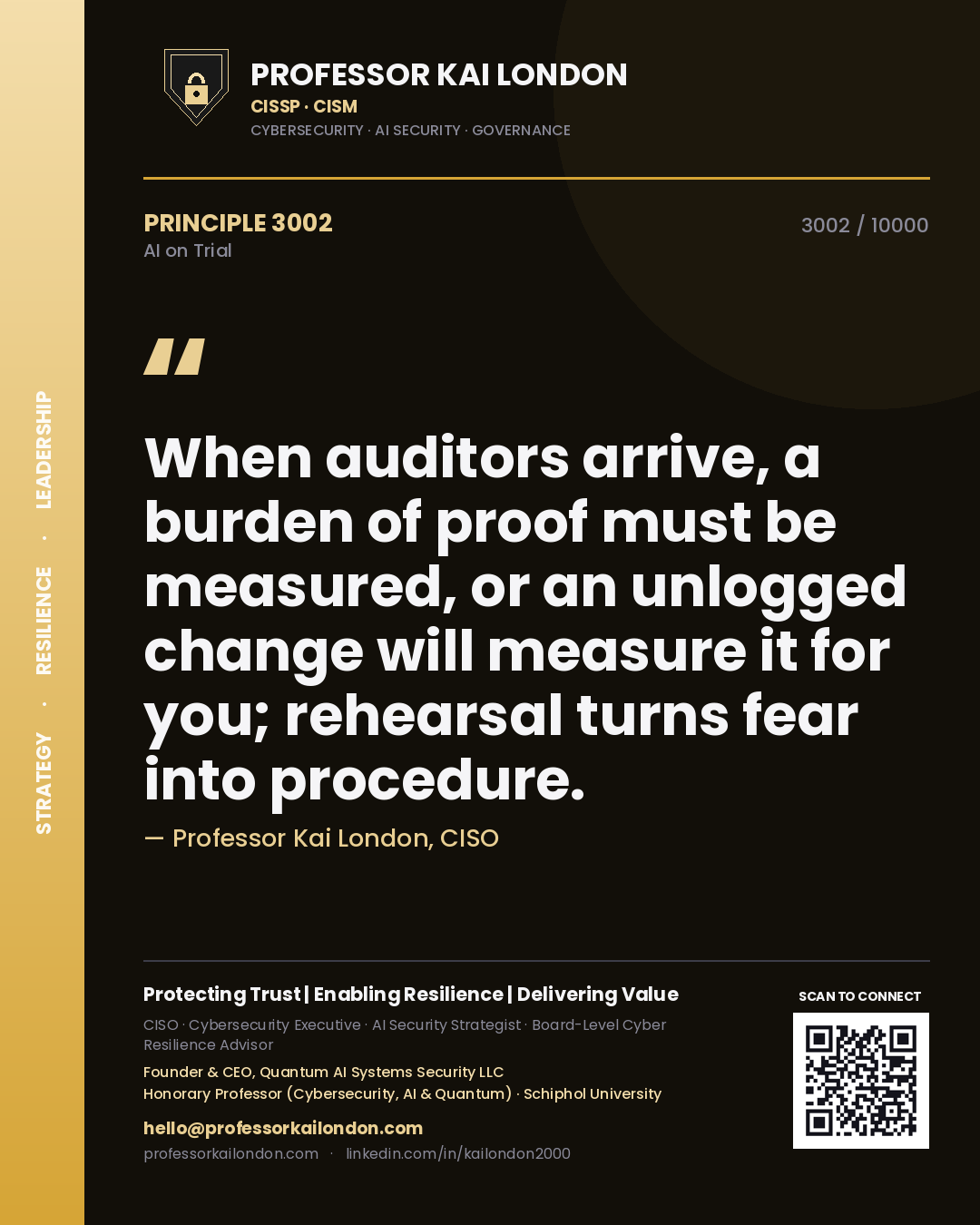 Quote card by Professor Kai London reading 'When auditors arrive, a burden of proof must be measured, or an unlogged change will measure it for you; rehearsal turns fear into procedure.'. From the book AI on Trial.