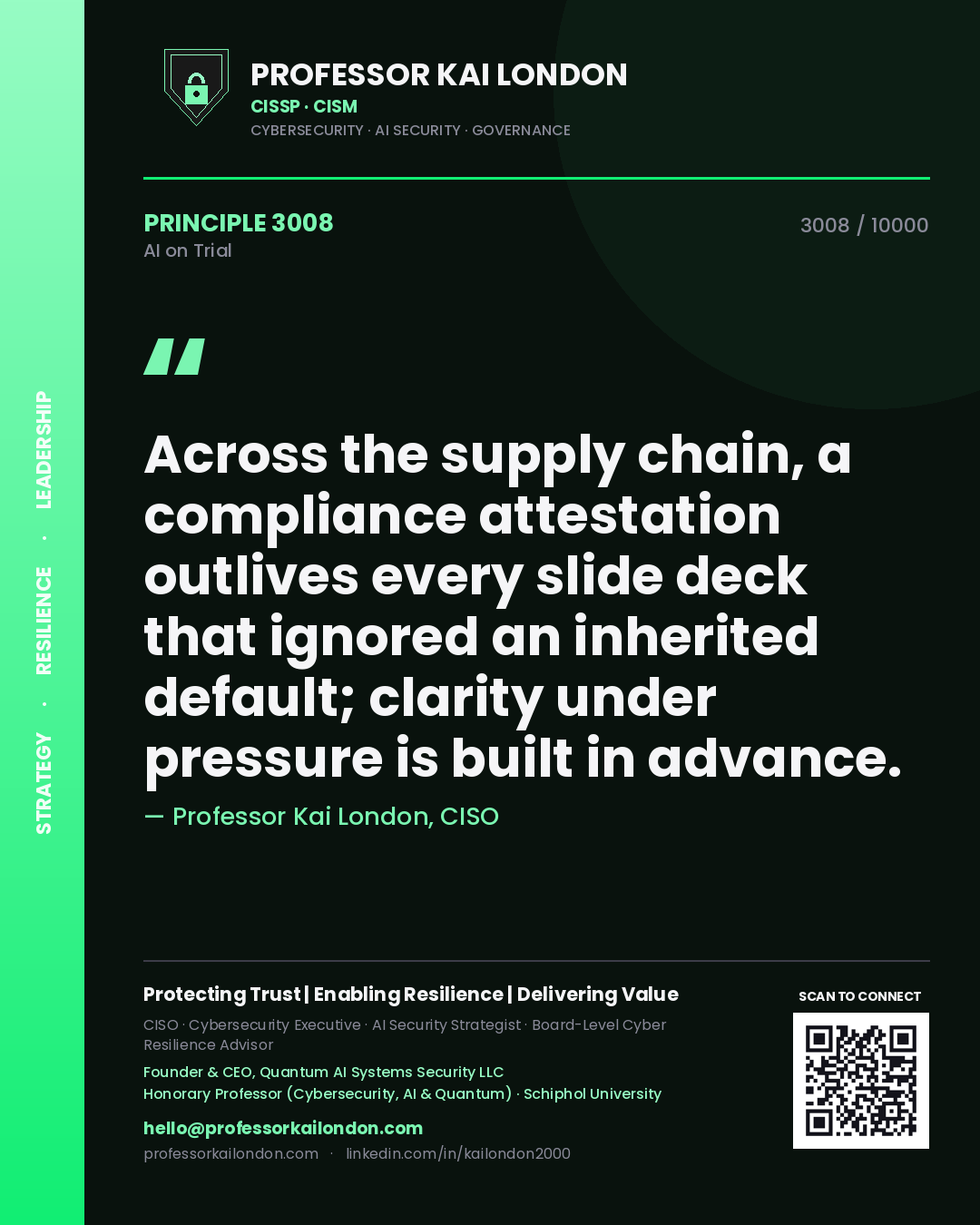 Quote card by Professor Kai London reading 'Across the supply chain, a compliance attestation outlives every slide deck that ignored an inherited default; clarity under pressure is built in advance.'. From the book AI on Trial.