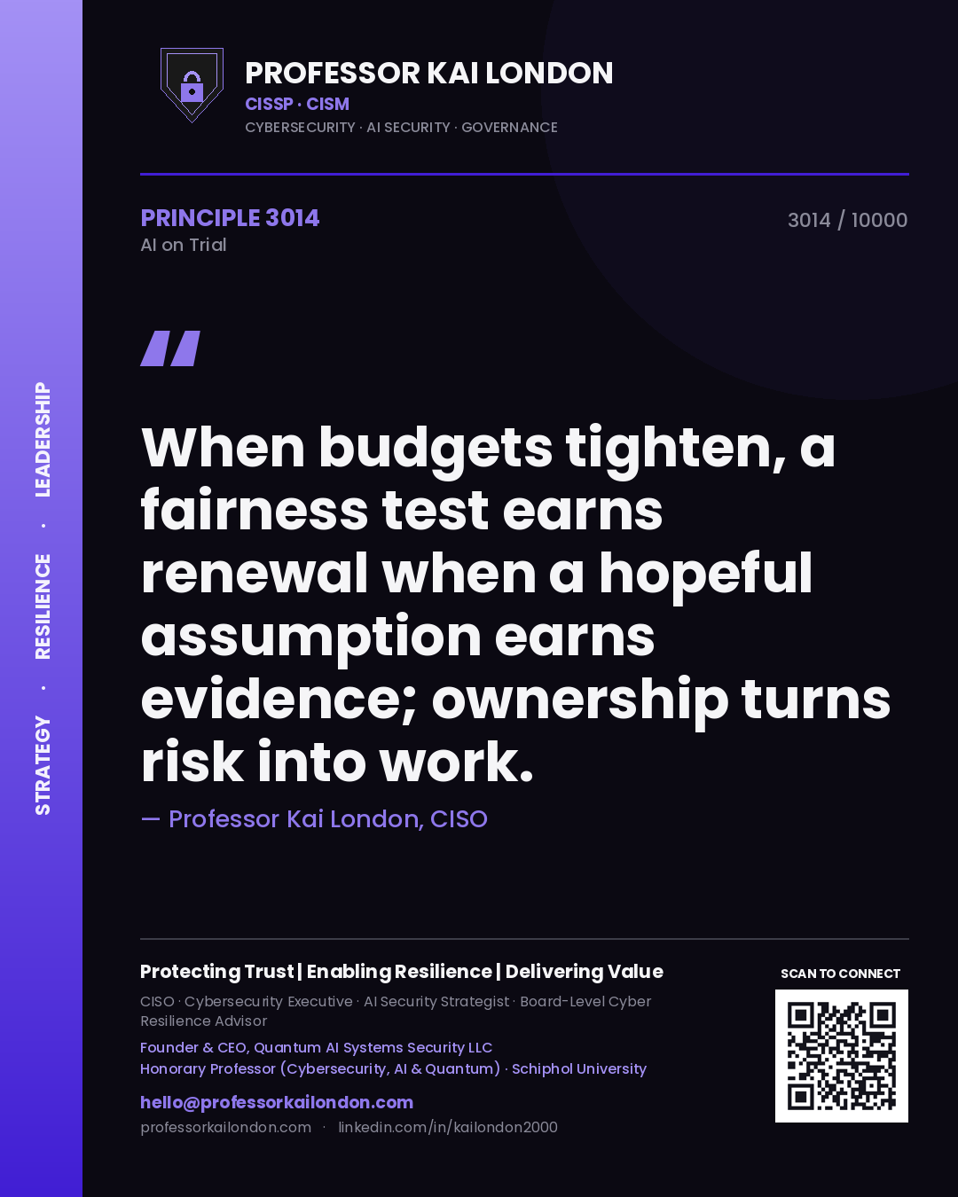 Quote card by Professor Kai London reading 'When budgets tighten, a fairness test earns renewal when a hopeful assumption earns evidence; ownership turns risk into work.'. From the book AI on Trial.