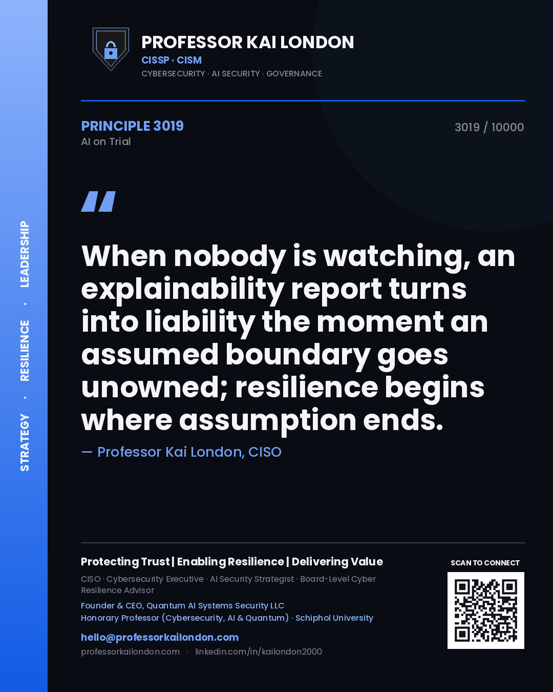 Quote card by Professor Kai London reading 'When nobody is watching, an explainability report turns into liability the moment an assumed boundary goes unowned; resilience begins where assumption ends.'. From the book AI on Trial.