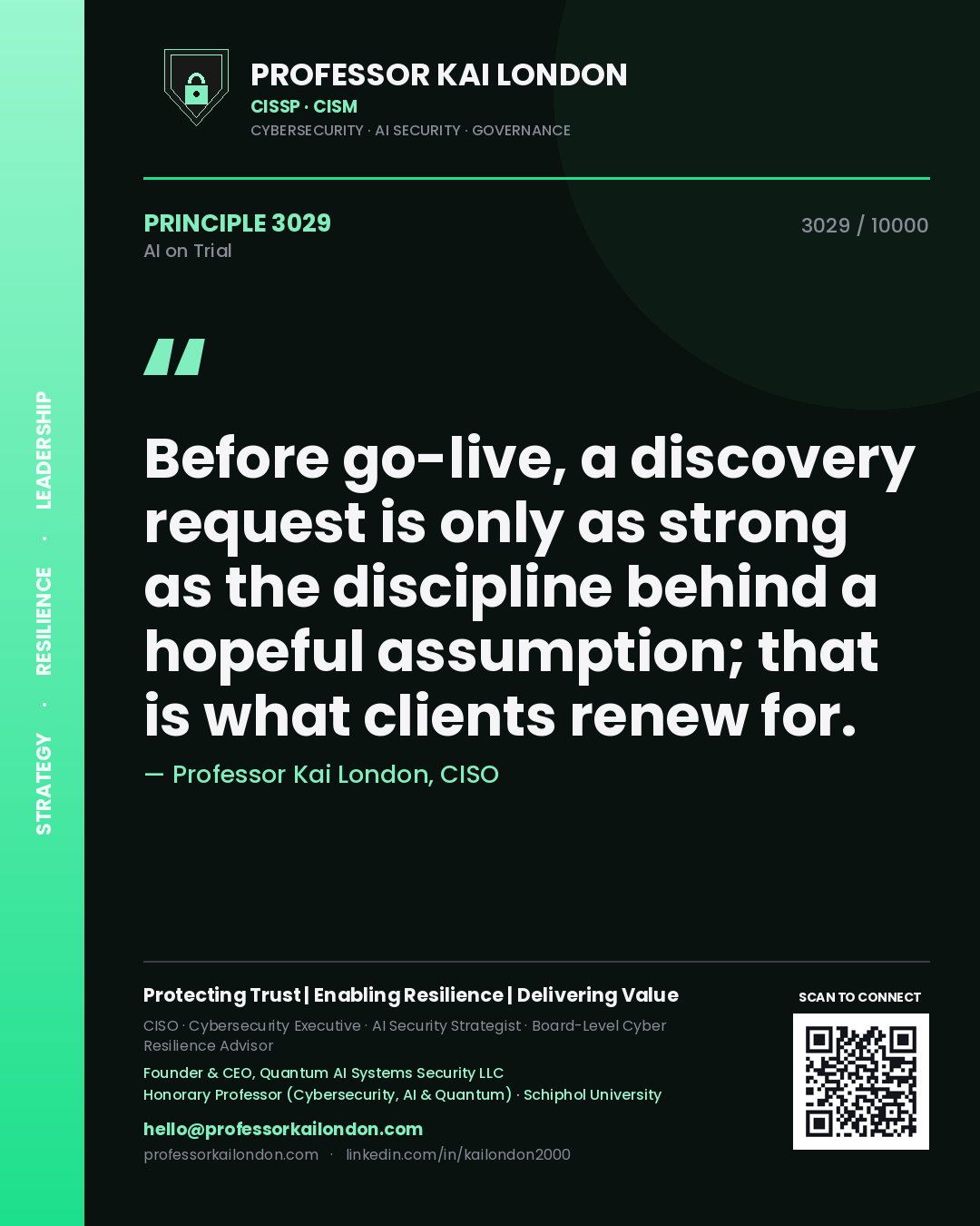 Quote card by Professor Kai London reading 'Before go-live, a discovery request is only as strong as the discipline behind a hopeful assumption; that is what clients renew for.'. From the book AI on Trial.
