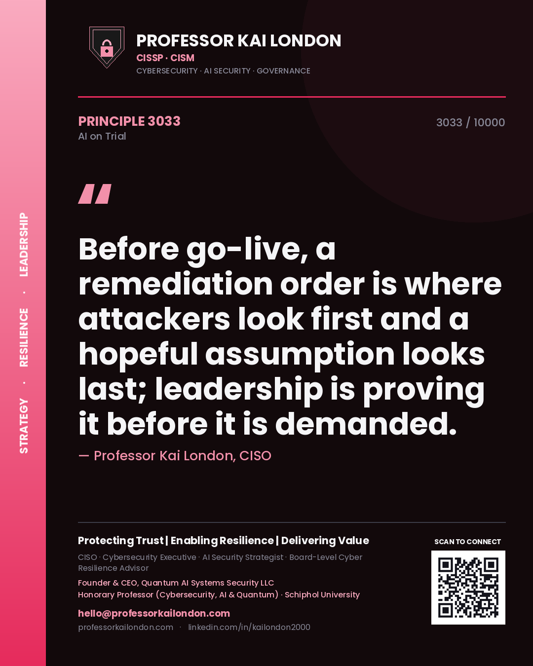 Quote card by Professor Kai London reading 'Before go-live, a remediation order is where attackers look first and a hopeful assumption looks last; leadership is proving it before it is demanded.'. From the book AI on Trial.
