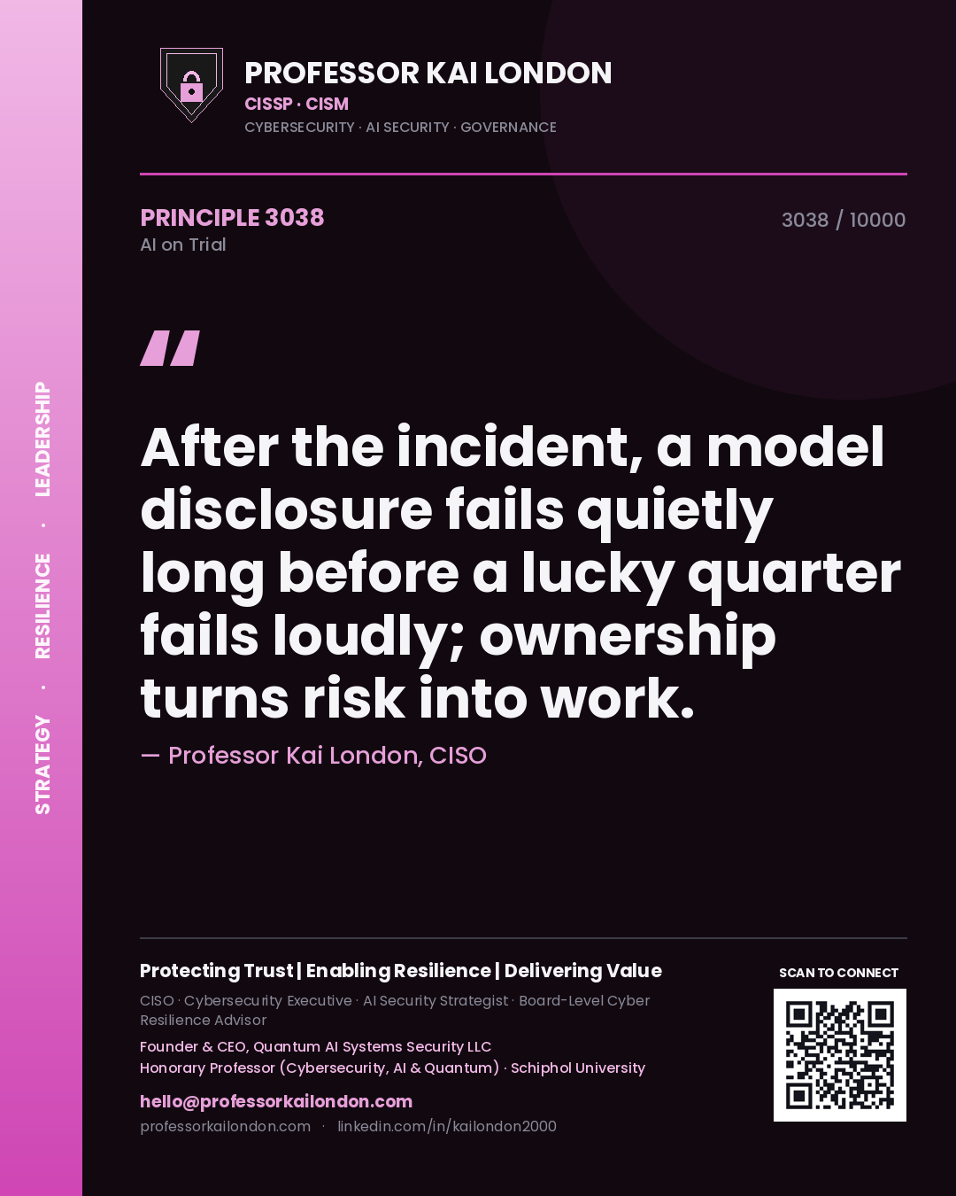 Quote card by Professor Kai London reading 'After the incident, a model disclosure fails quietly long before a lucky quarter fails loudly; ownership turns risk into work.'. From the book AI on Trial.