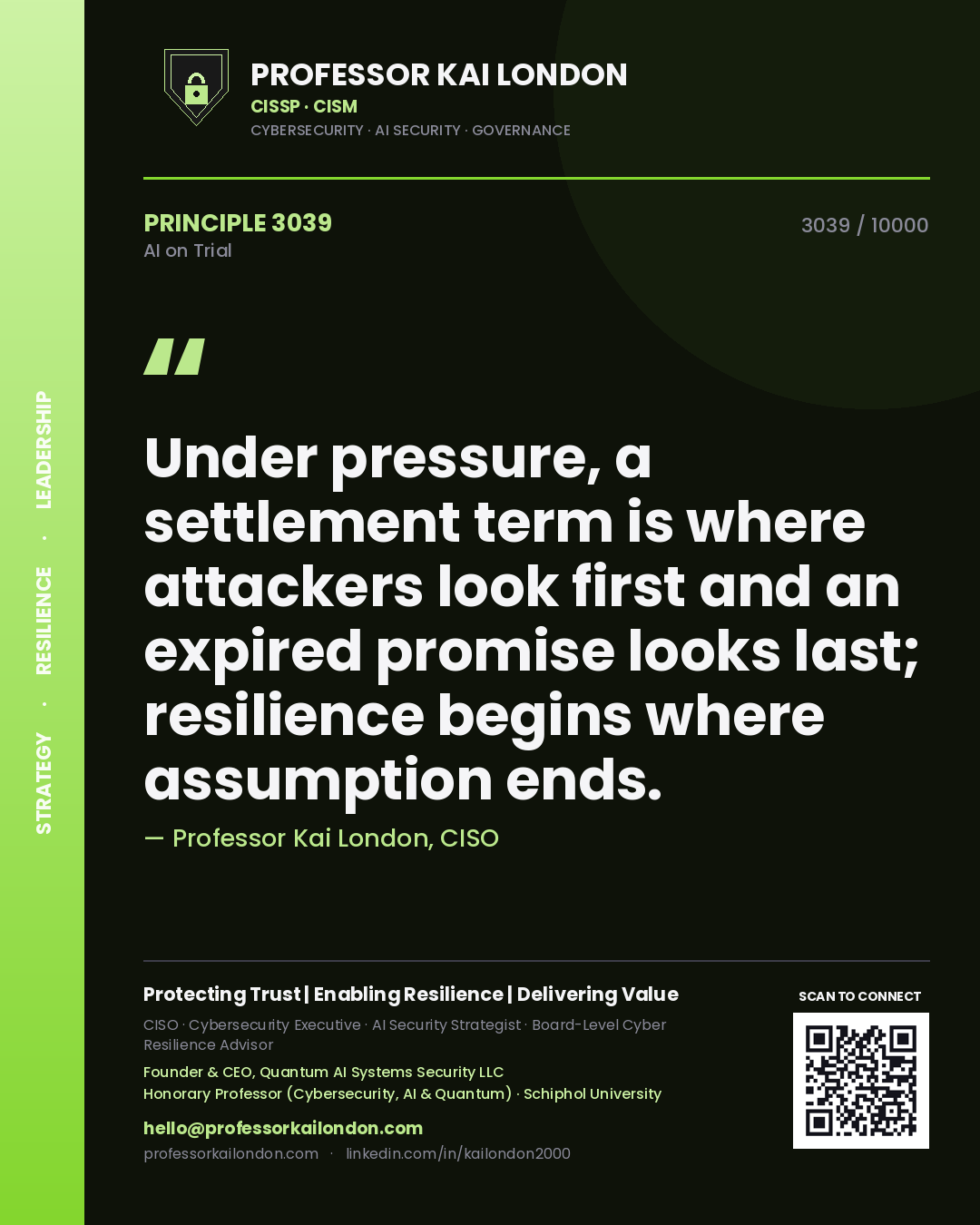 Quote card by Professor Kai London reading 'Under pressure, a settlement term is where attackers look first and an expired promise looks last; resilience begins where assumption ends.'. From the book AI on Trial.