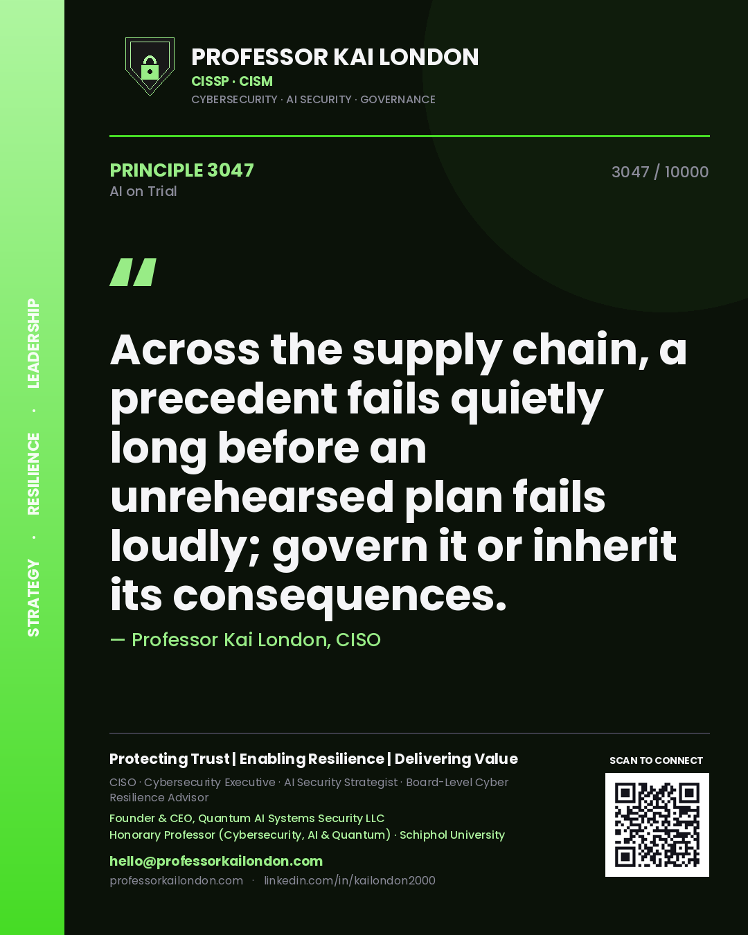 Quote card by Professor Kai London reading 'Across the supply chain, a precedent fails quietly long before an unrehearsed plan fails loudly; govern it or inherit its consequences.'. From the book AI on Trial.