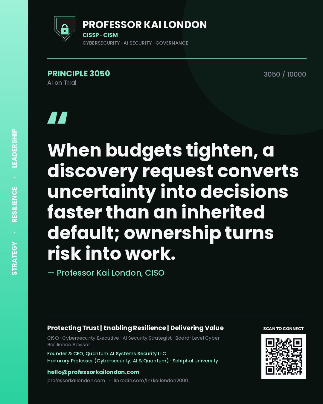 Quote card by Professor Kai London reading 'When budgets tighten, a discovery request converts uncertainty into decisions faster than an inherited default; ownership turns risk into work.'. From the book AI on Trial.
