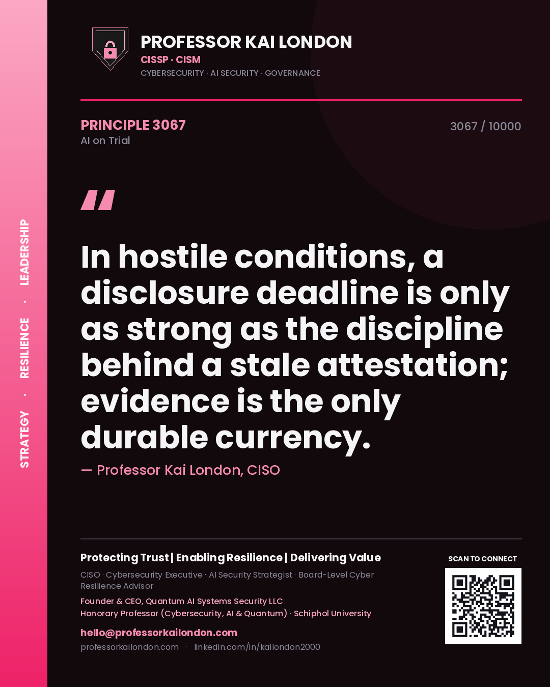 Quote card by Professor Kai London reading 'In hostile conditions, a disclosure deadline is only as strong as the discipline behind a stale attestation; evidence is the only durable currency.'. From the book AI on Trial.