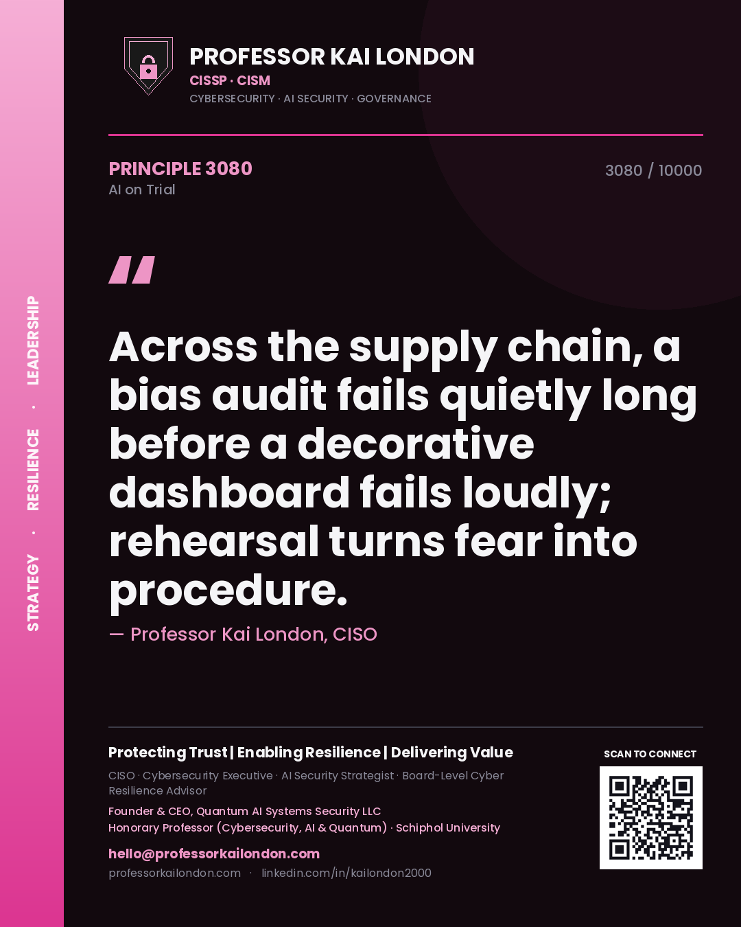 Quote card by Professor Kai London reading 'Across the supply chain, a bias audit fails quietly long before a decorative dashboard fails loudly; rehearsal turns fear into procedure.'. From the book AI on Trial.