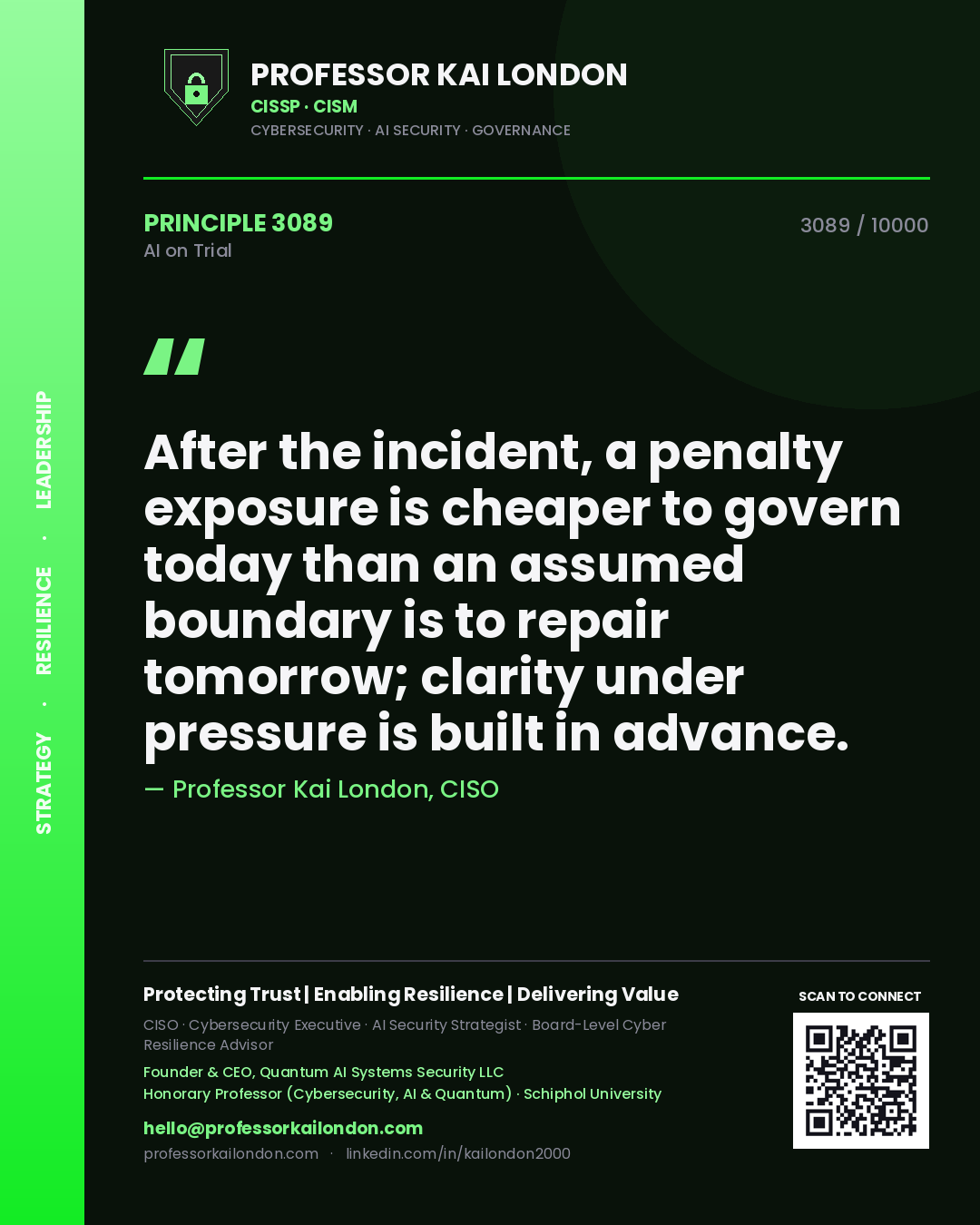 Quote card by Professor Kai London reading 'After the incident, a penalty exposure is cheaper to govern today than an assumed boundary is to repair tomorrow; clarity under pressure is built in advance.'. From the book AI on Trial.