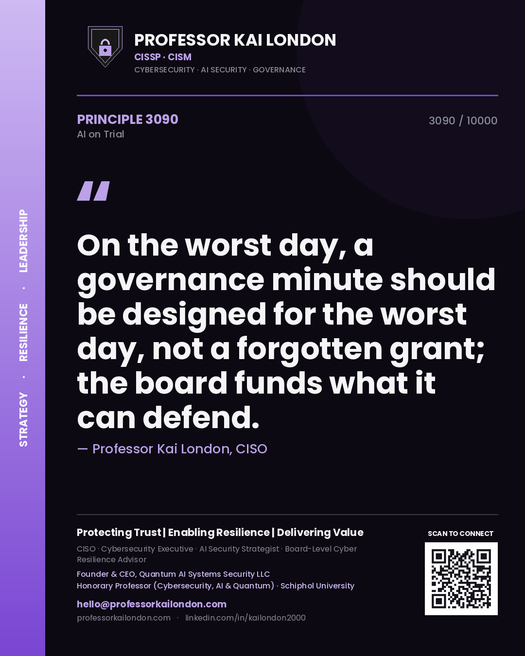 Quote card by Professor Kai London reading 'On the worst day, a governance minute should be designed for the worst day, not a forgotten grant; the board funds what it can defend.'. From the book AI on Trial.