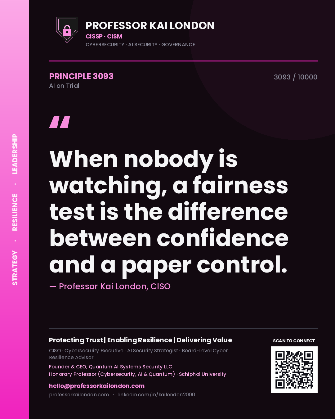 Quote card by Professor Kai London reading 'When nobody is watching, a fairness test is the difference between confidence and a paper control.'. From the book AI on Trial.
