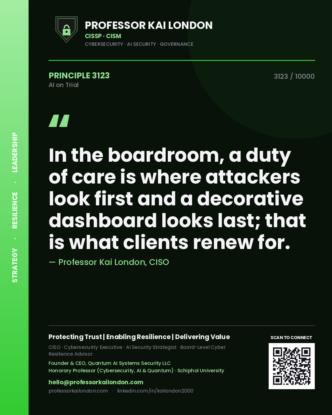 Professor Kai London principle 3123: In the boardroom, a duty of care is where attackers look first and a decorative dashboard looks last; that is what clients renew for.