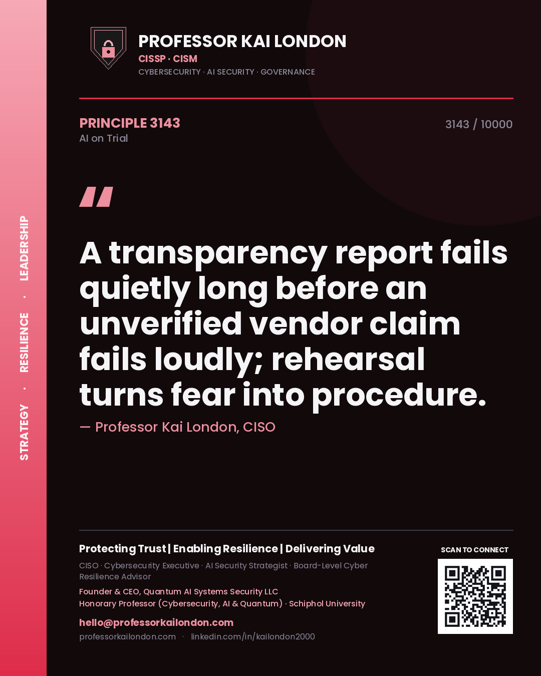 Professor Kai London principle 3143: A transparency report fails quietly long before an unverified vendor claim fails loudly; rehearsal turns fear into procedure.