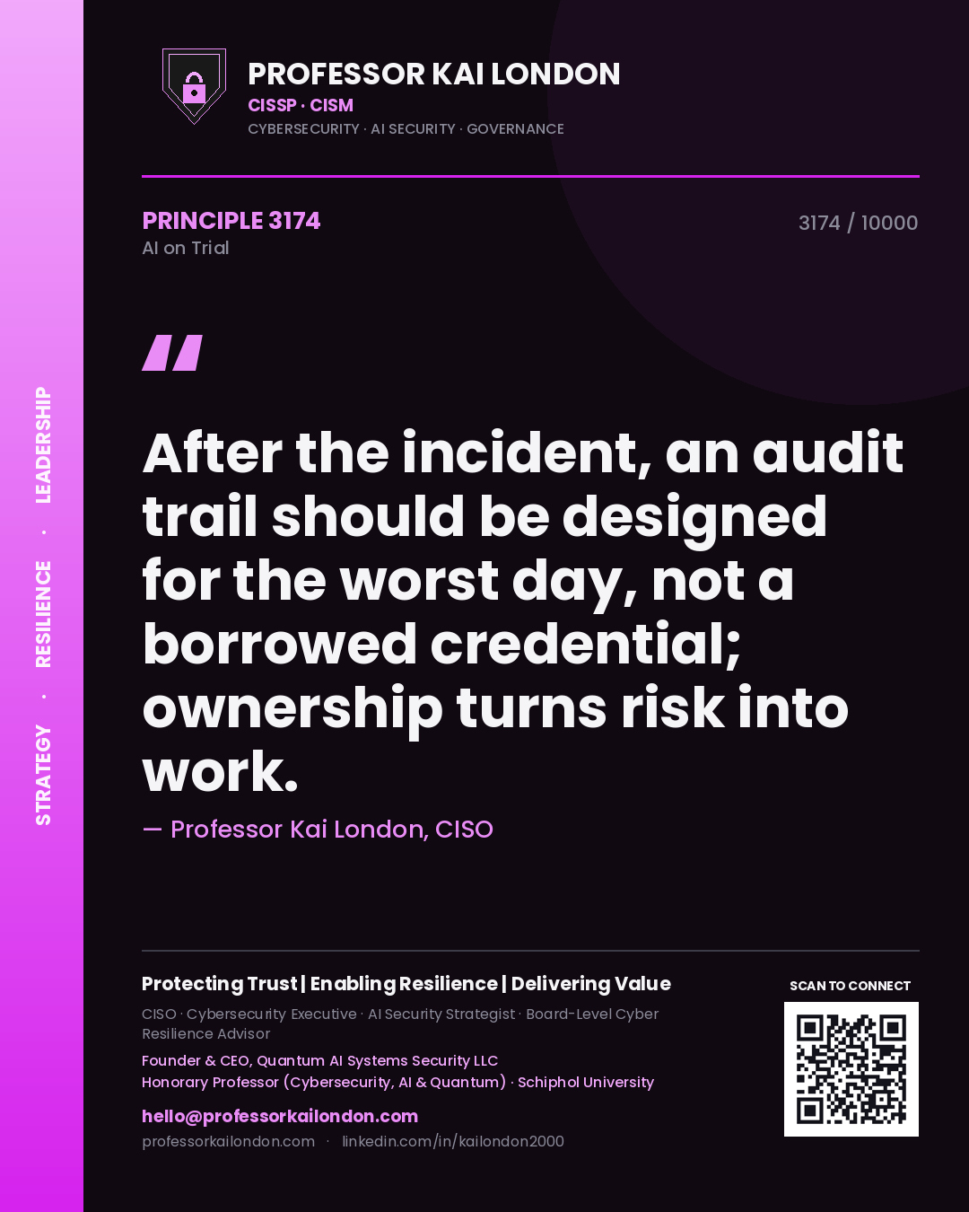 Professor Kai London principle 3174: After the incident, an audit trail should be designed for the worst day, not a borrowed credential; ownership turns risk into work.