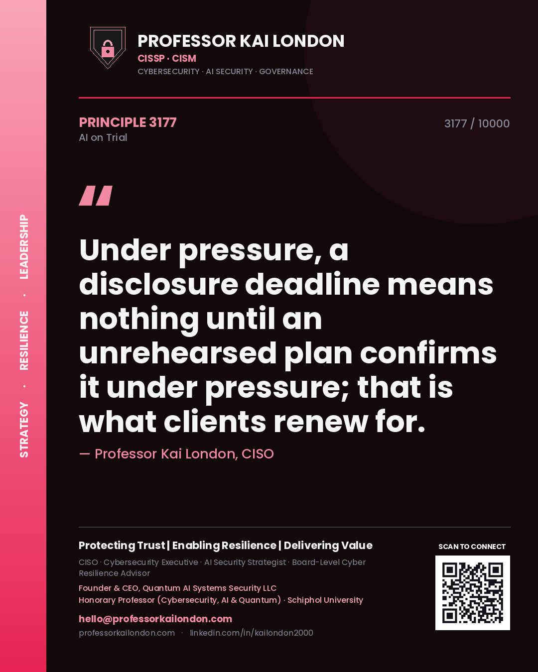 Professor Kai London principle 3177: Under pressure, a disclosure deadline means nothing until an unrehearsed plan confirms it under pressure; that is what clients renew for.