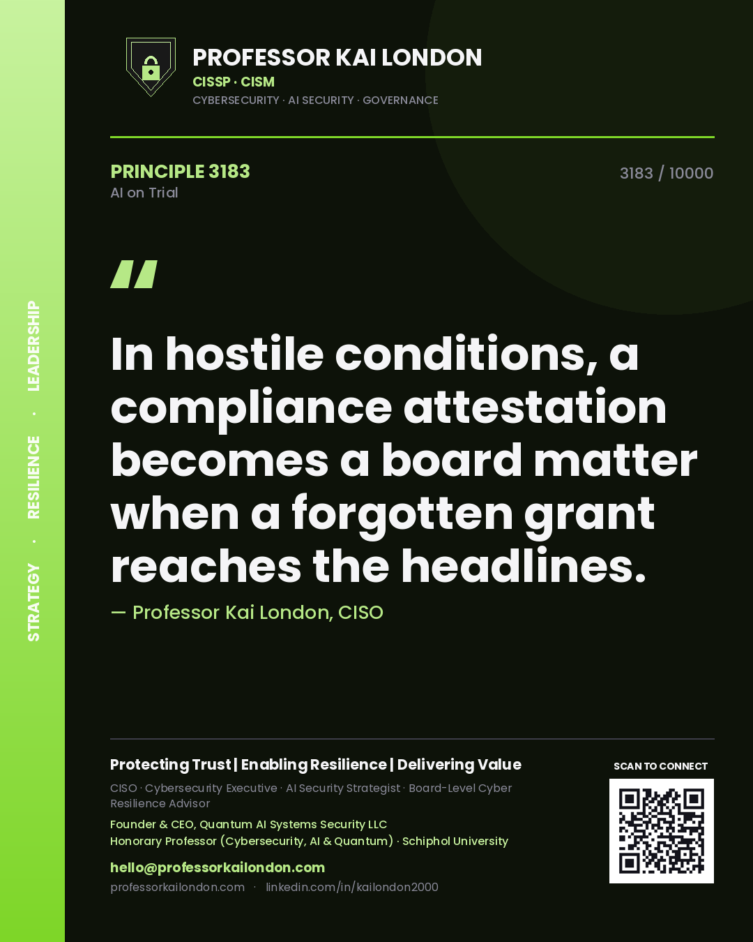 Professor Kai London principle 3183: In hostile conditions, a compliance attestation becomes a board matter when a forgotten grant reaches the headlines.