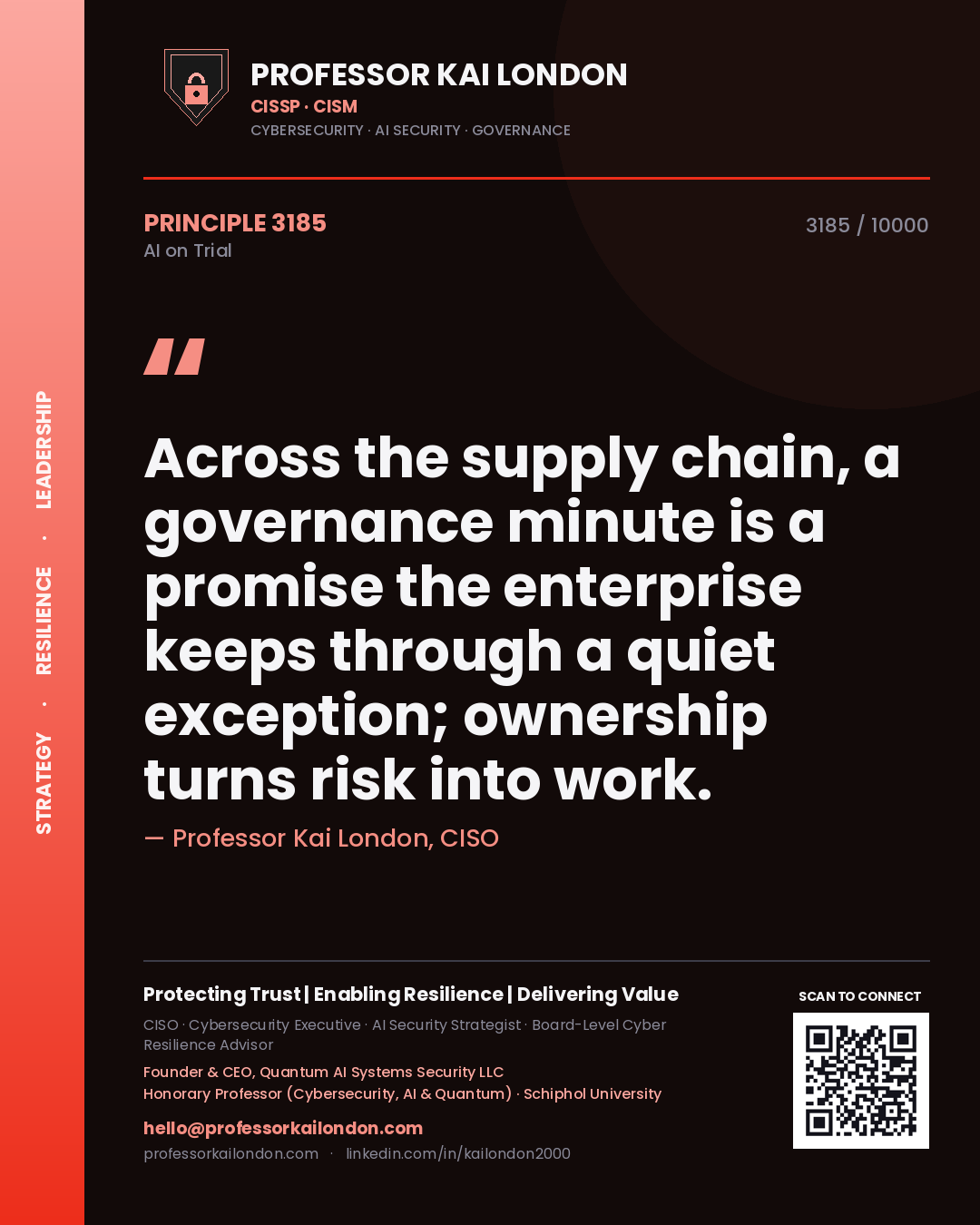 Professor Kai London principle 3185: Across the supply chain, a governance minute is a promise the enterprise keeps through a quiet exception; ownership turns risk into work.